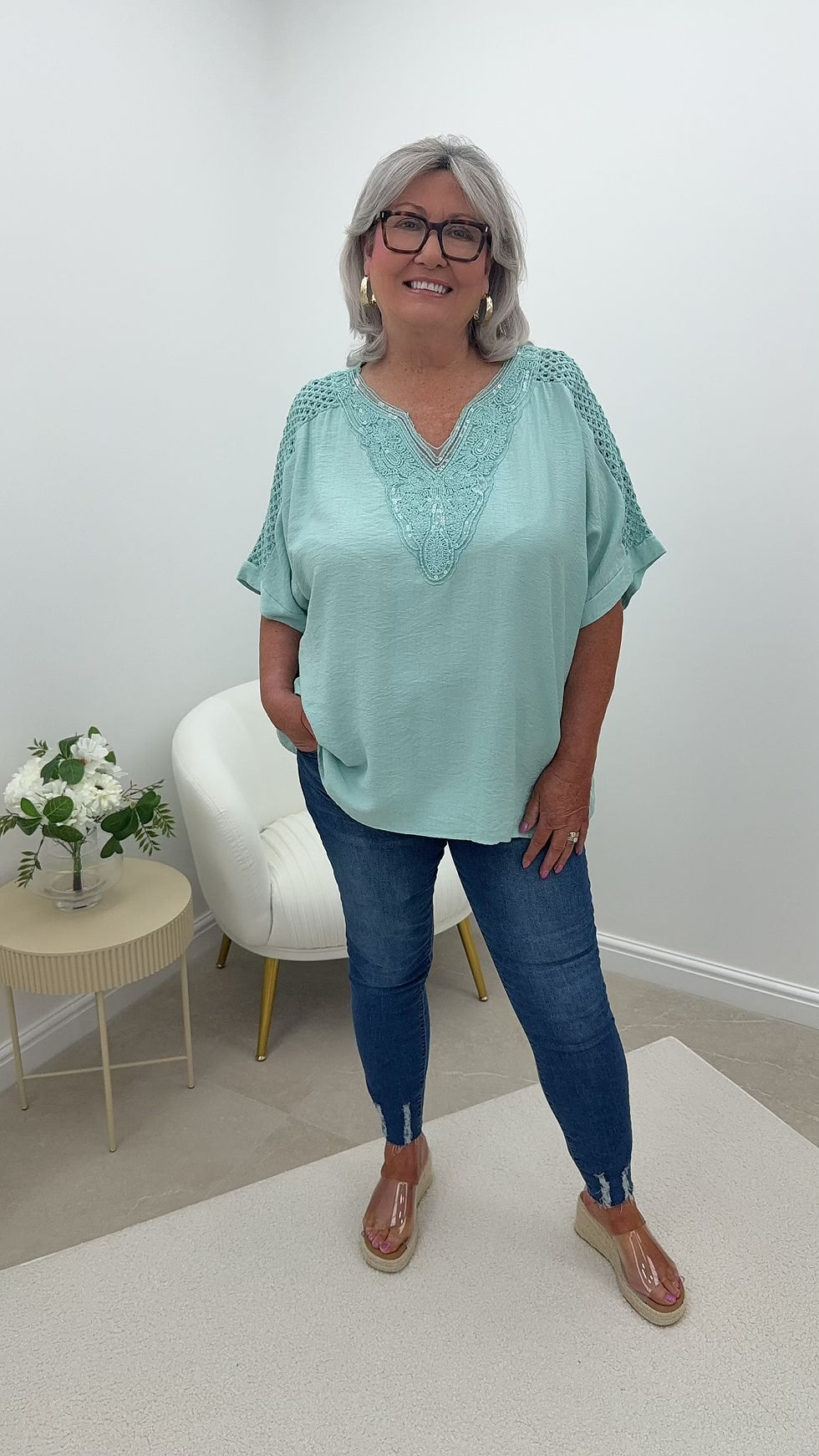 Thumbnail: Hunter Sequin V-Neck Butterfly Detail Top Aqua