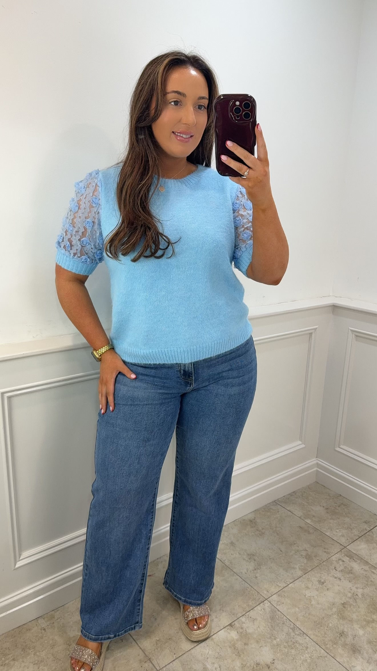 Ampika Floral Sleeve Soft Button Back Jumper Blue