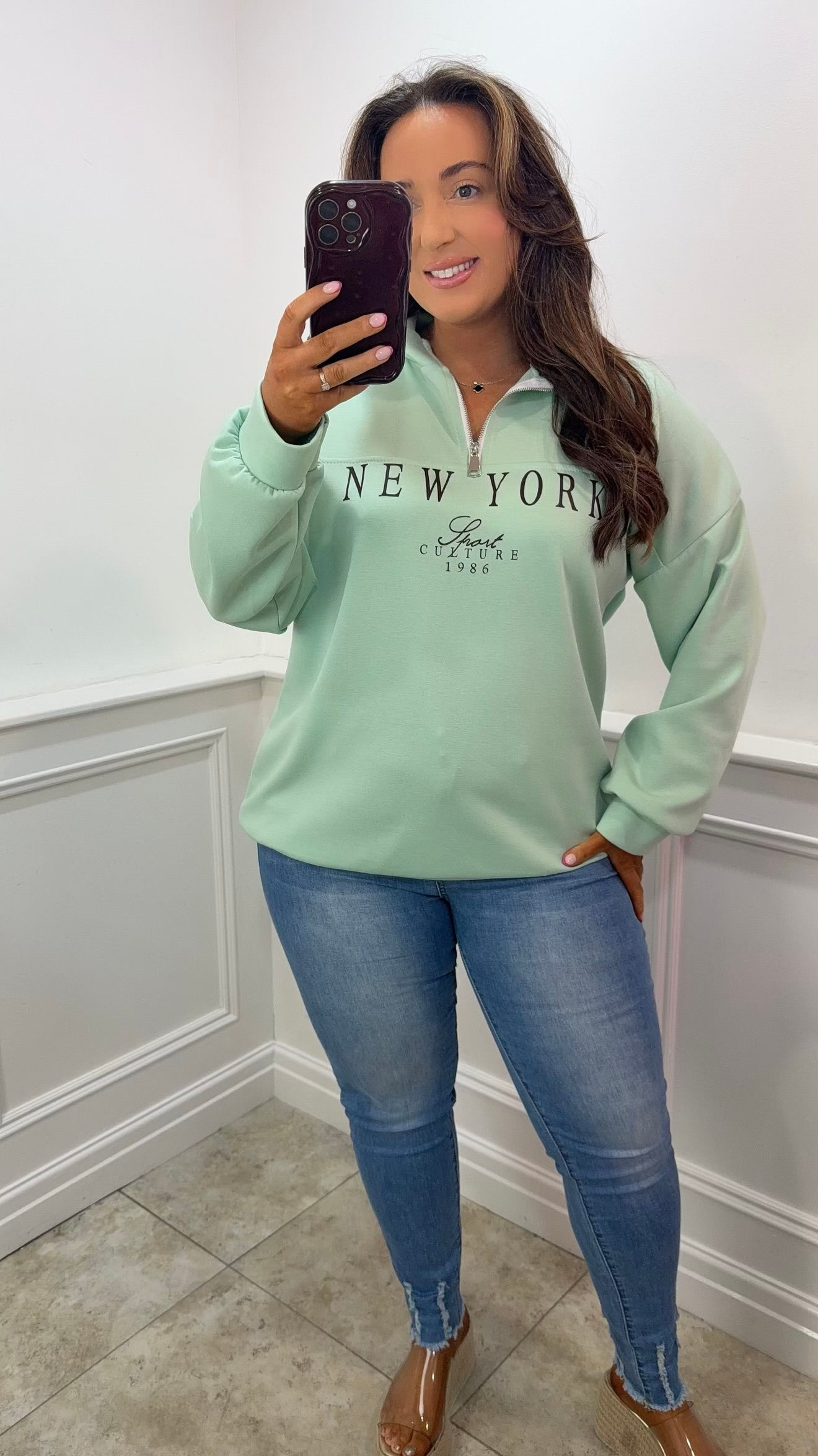 Nellie New York Fleece Lined 3/4 Zip Jumper Mint