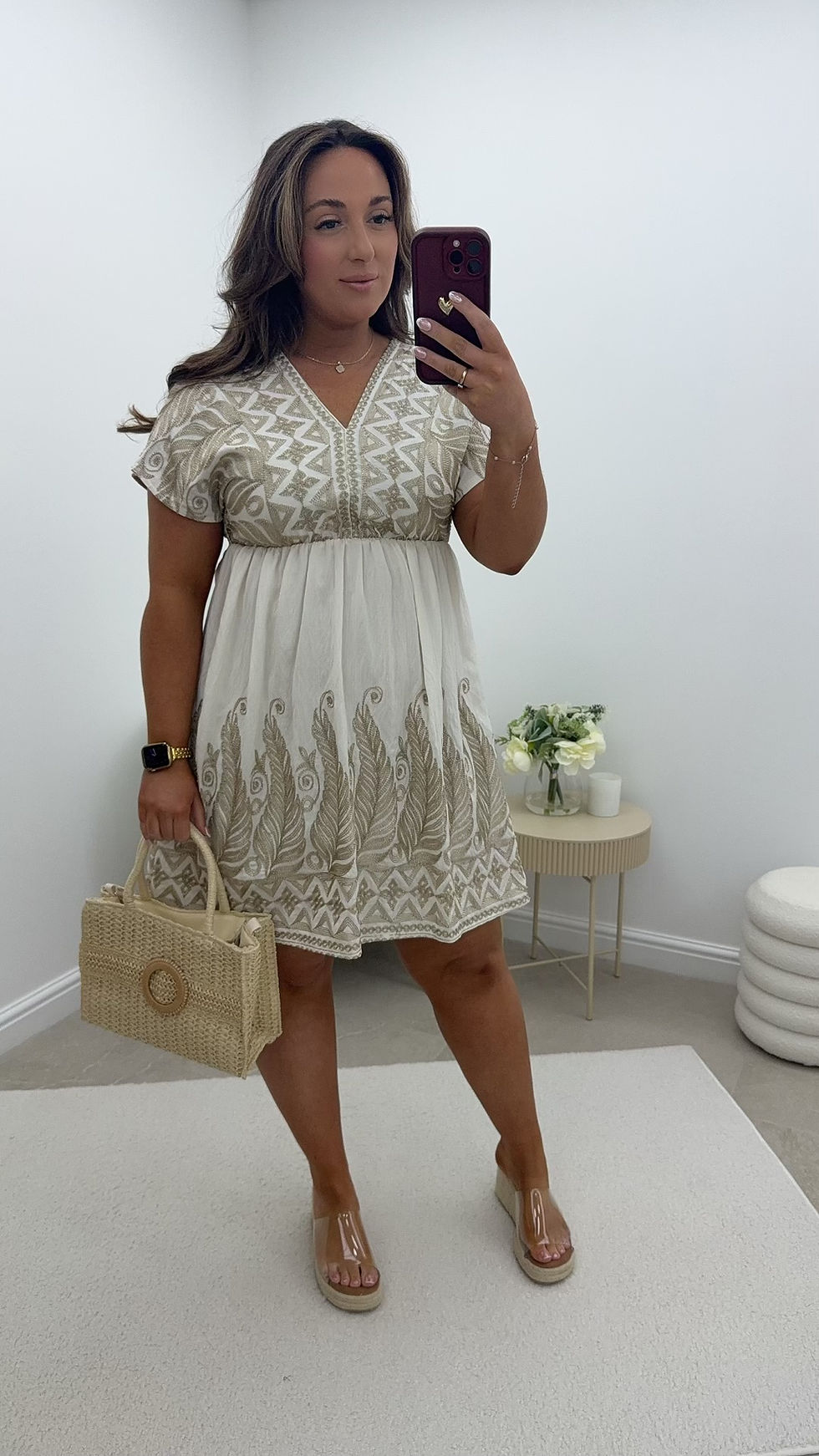Thumbnail: Columbia Gold Embroidered V Neck Midi Dress White