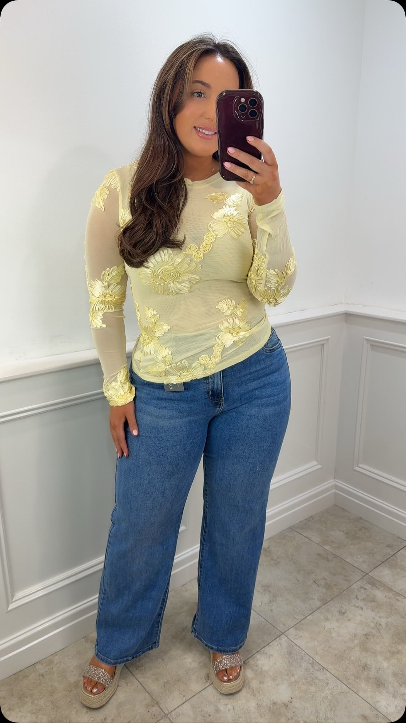 Melody 3D Flower Mesh Long Sleeve Top Lemon