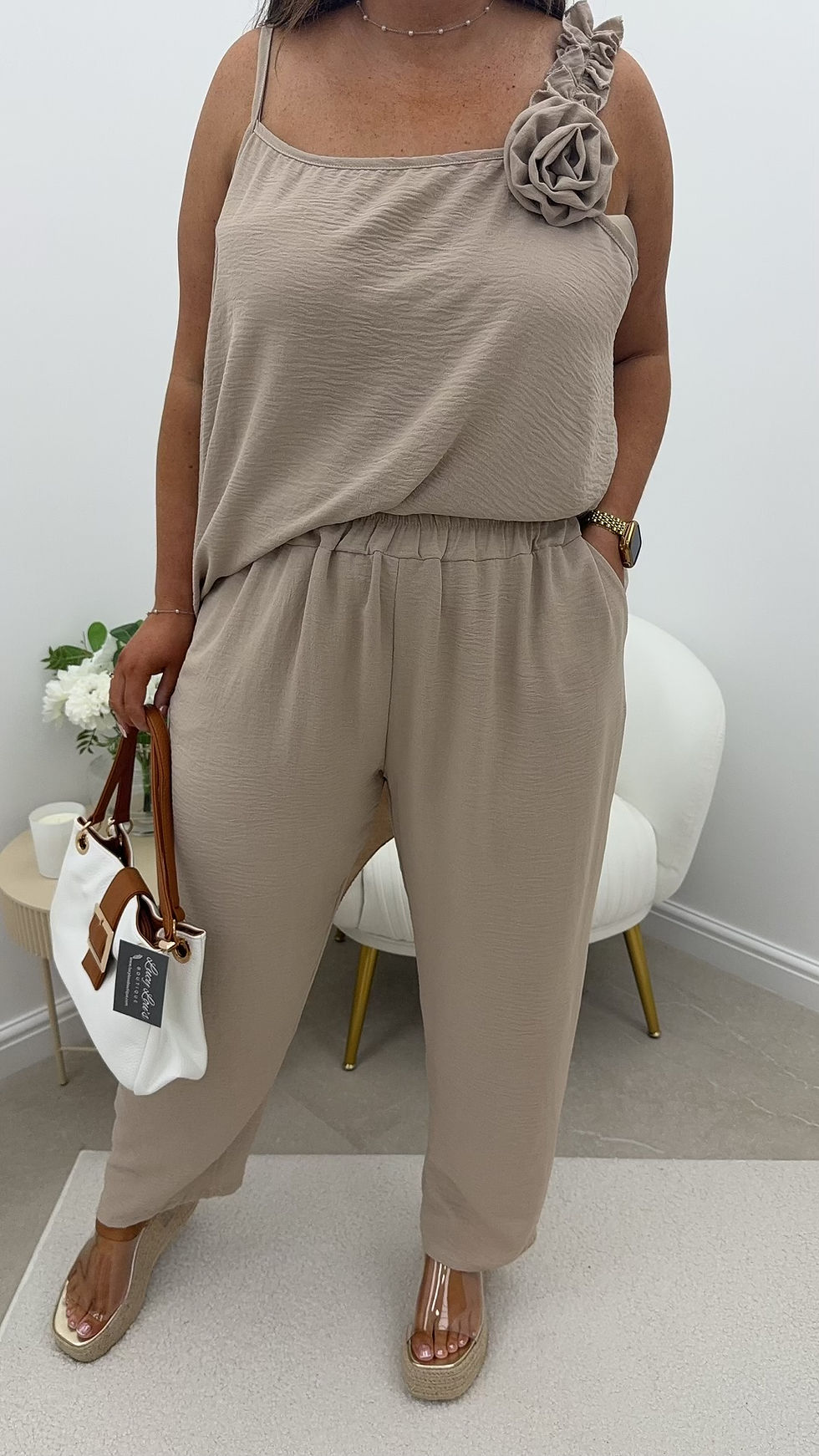 Thumbnail: Matilda Two Piece Flower Detail Strappy Set Beige