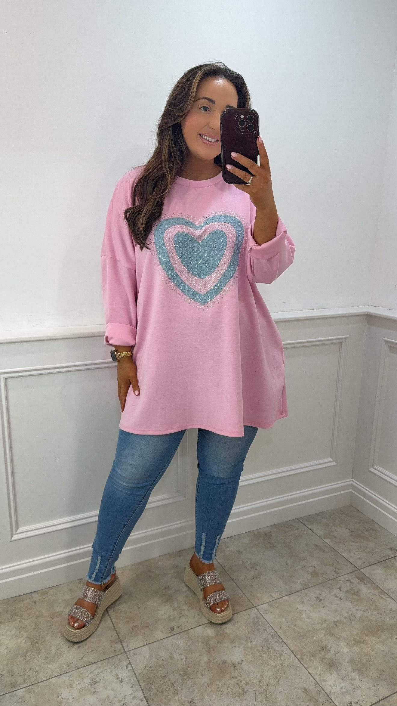 Polly Denim Heart Sparkle Scuba Sweater Pink