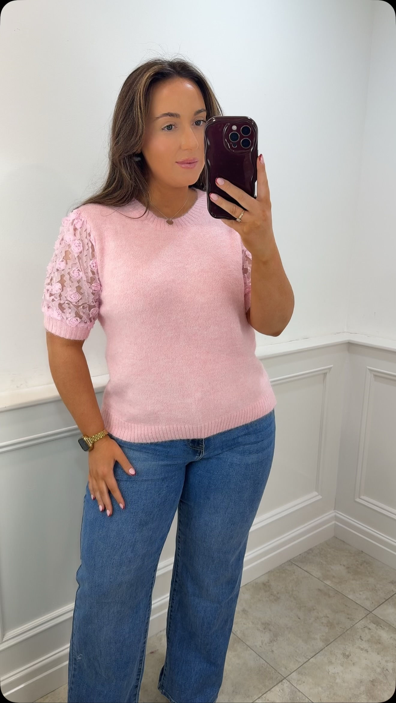 Ampika Floral Sleeve Soft Button Back Jumper Baby Pink