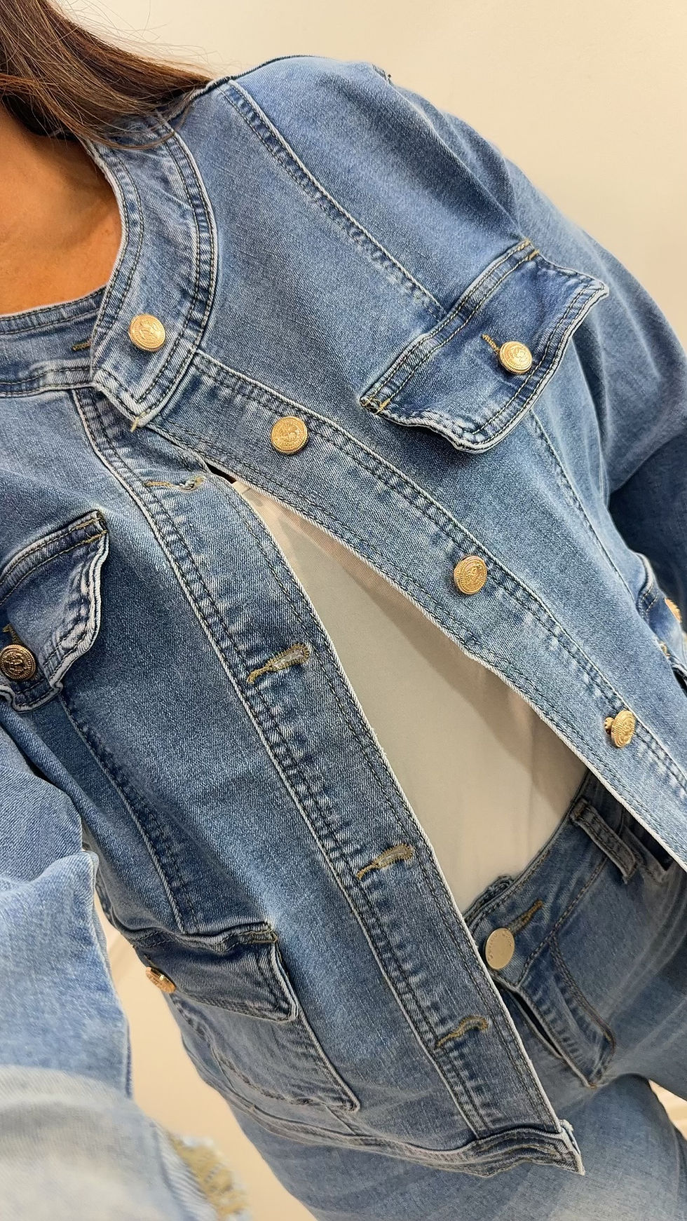 Thumbnail: Copy of Katrina Gold Button Stretchy Denim Jacket Denim Blue
