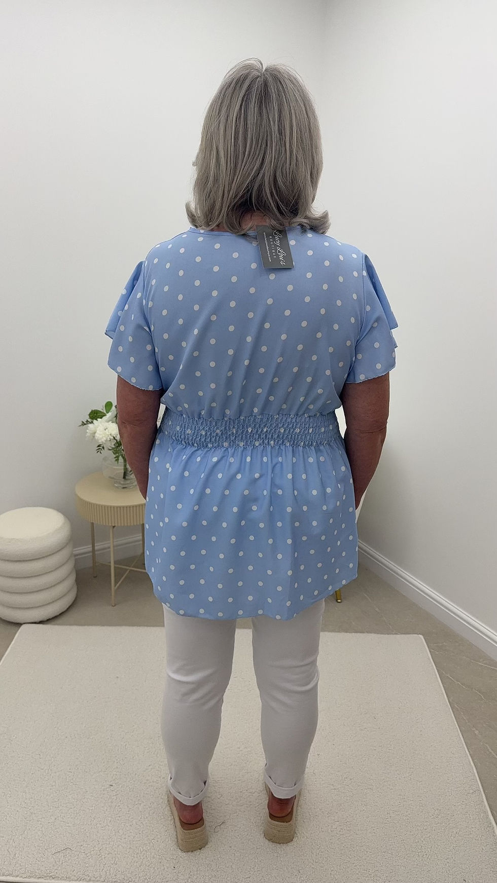 Thumbnail: Kate V Neck Magic Frill Top Polka Blue