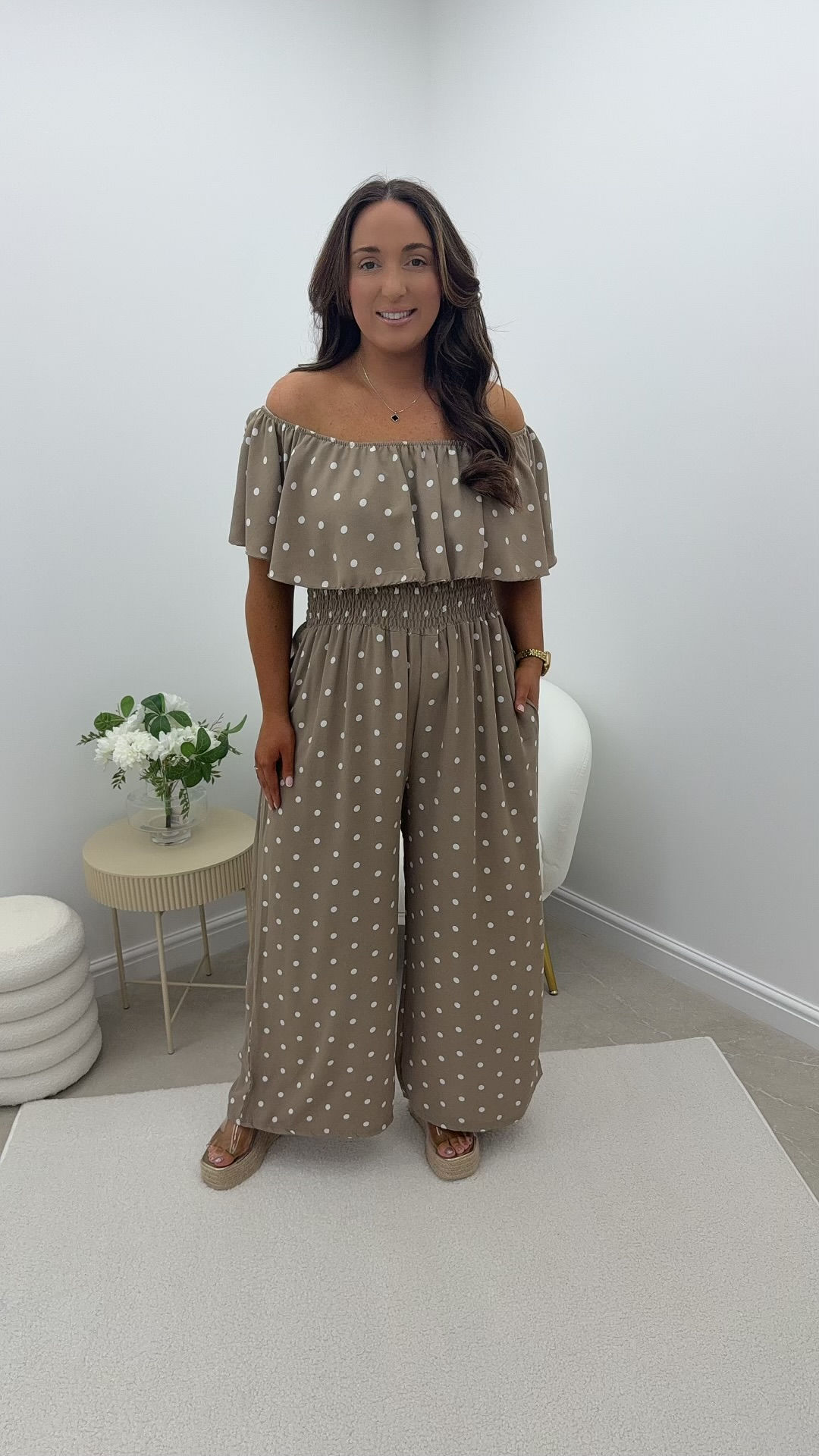 Zoey Polka Bardot Frill Wide Leg Jumpsuit Camel