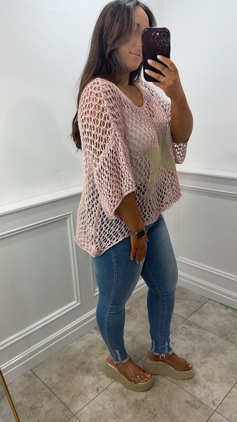 Thumbnail: Kerry Star Shimmer Crochet Top  Baby Pink
