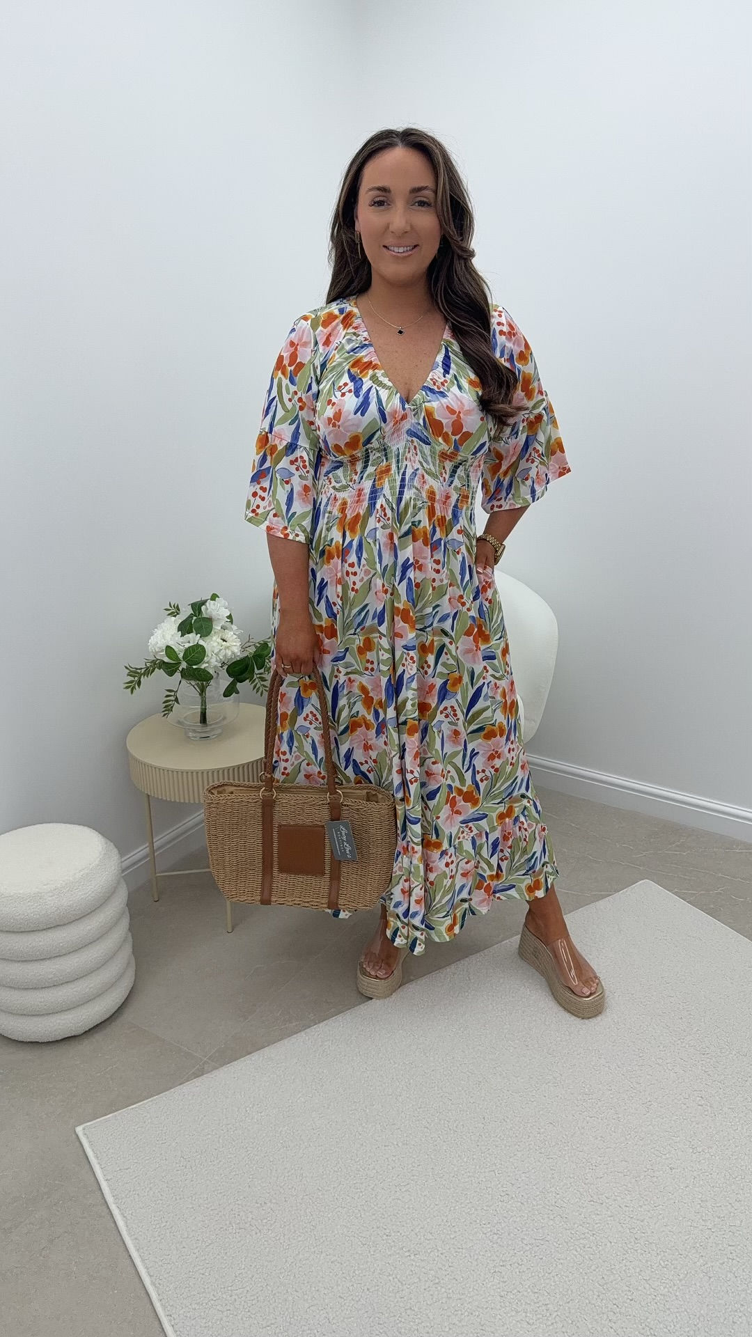 Stella Soft V Neck Slinky Printed Frill Sleeve Maxi Floral White
