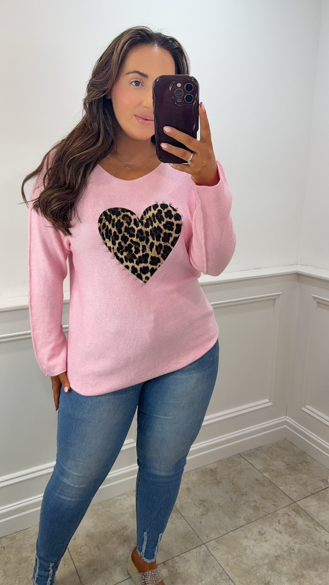 Peri Gem Leopard Heart Soft Knit Jumper Pink