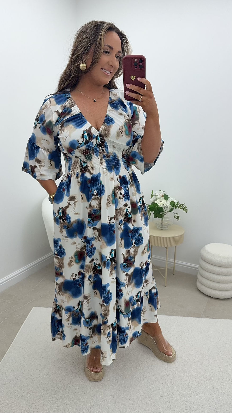 Thumbnail: Lilly Soft V Neck Slinky Printed Frill Sleeve Maxi Navy Splash