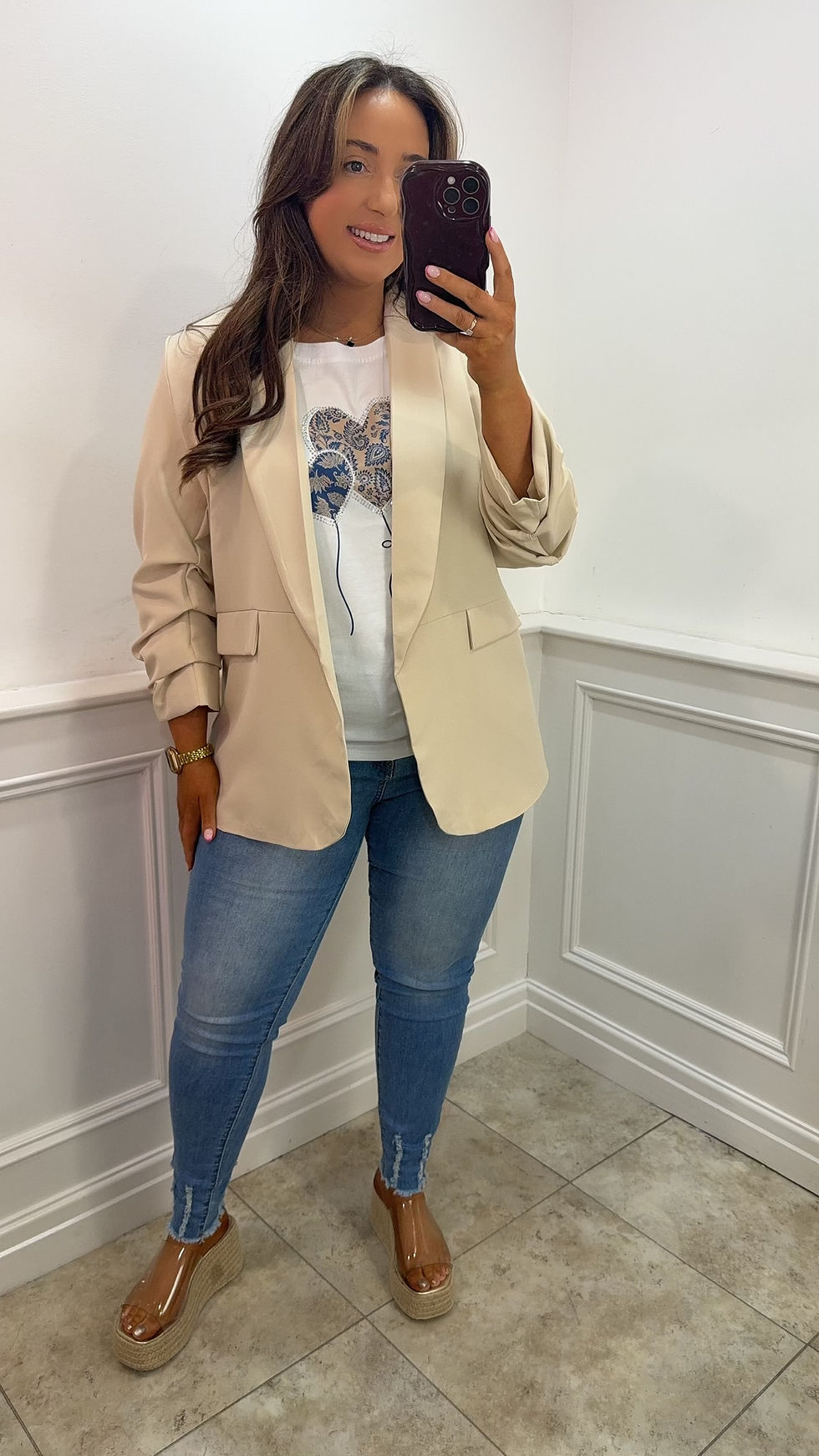 Thumbnail: Missi Ruched Sleeve Blazer Beige