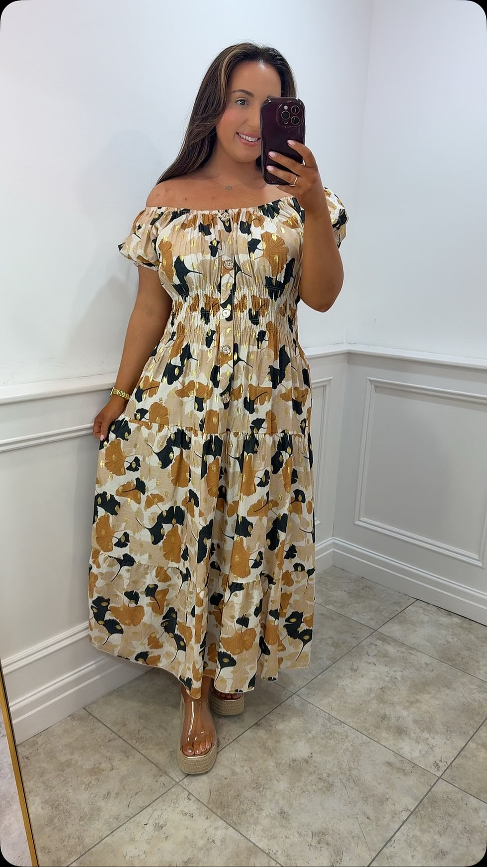 Thumbnail: Ellenor Foil Printed Gold Button Magic Maxi Dress Beige