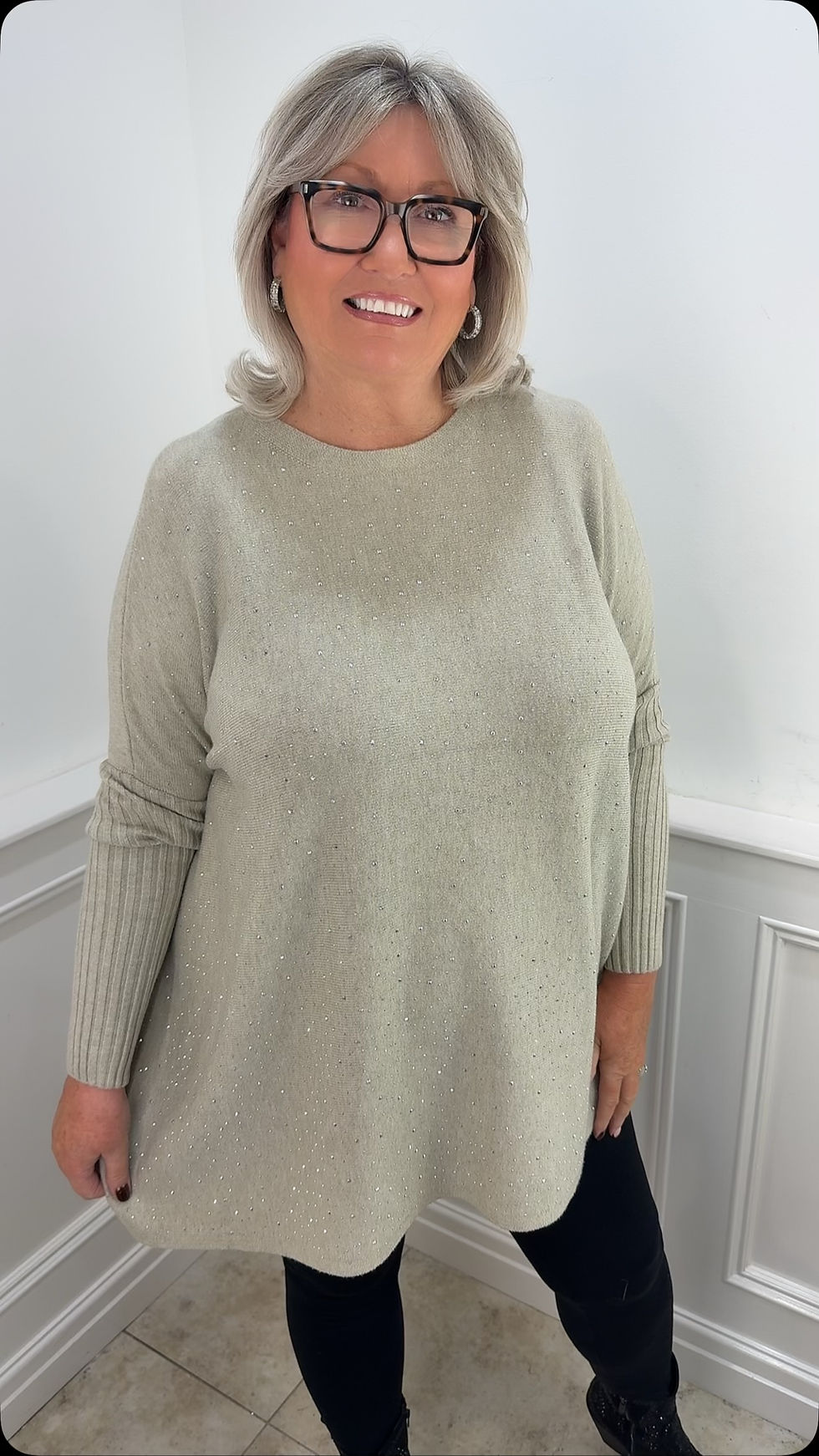 Petra Sparkle Oversized Ribbed Cuff Jumper Beige