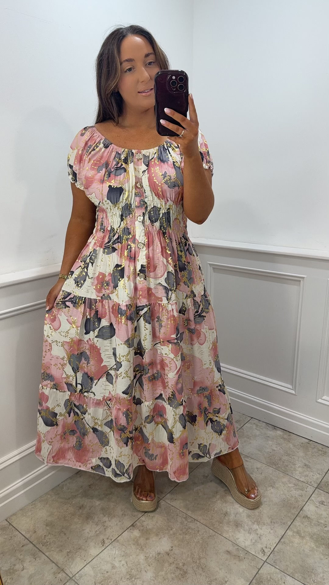 Ellenor Foil Printed Gold Button Magic Maxi Dress Dusty Pink