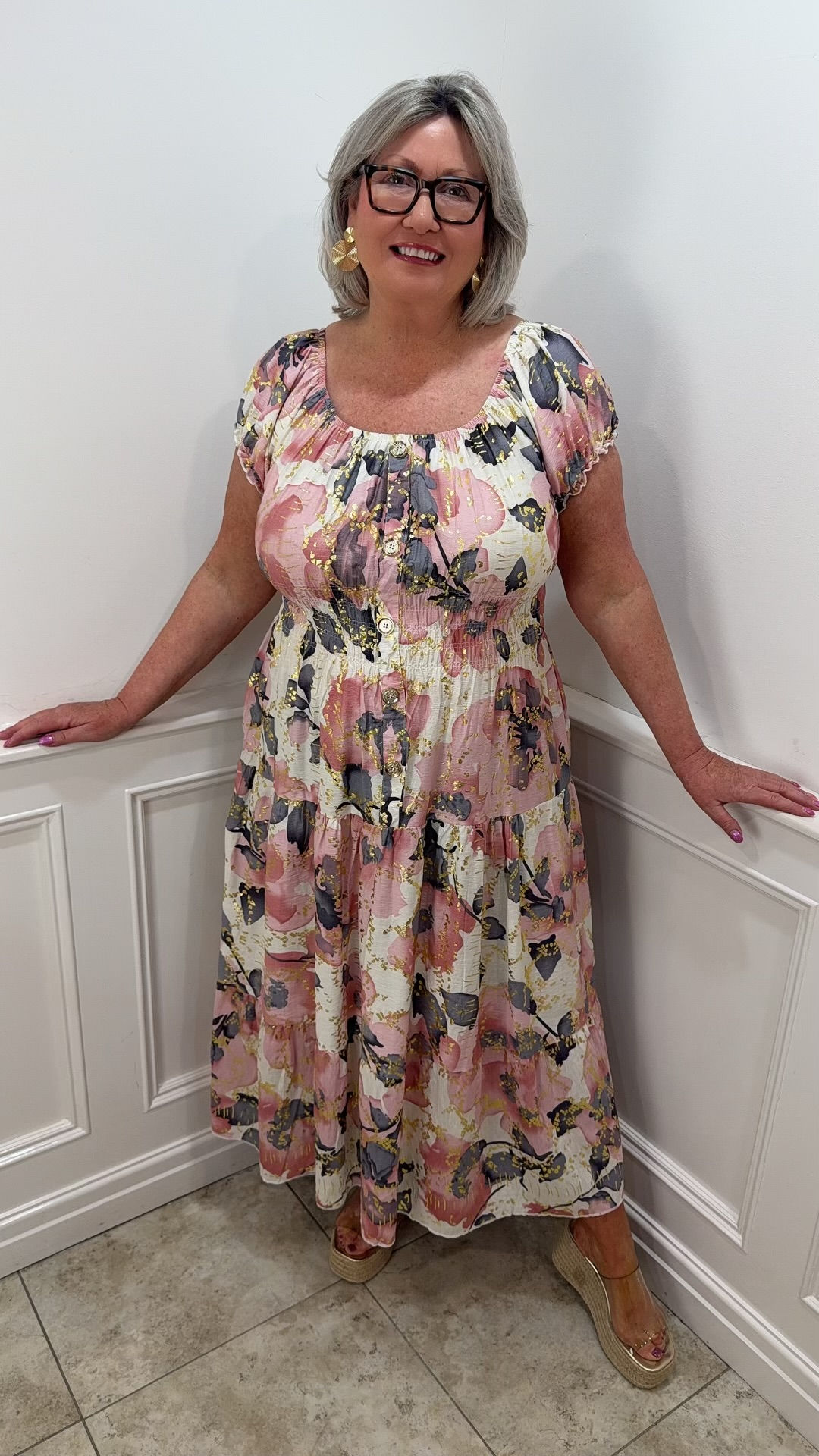 Ellenor Foil Printed Gold Button Magic Maxi Dress Dusty Pink