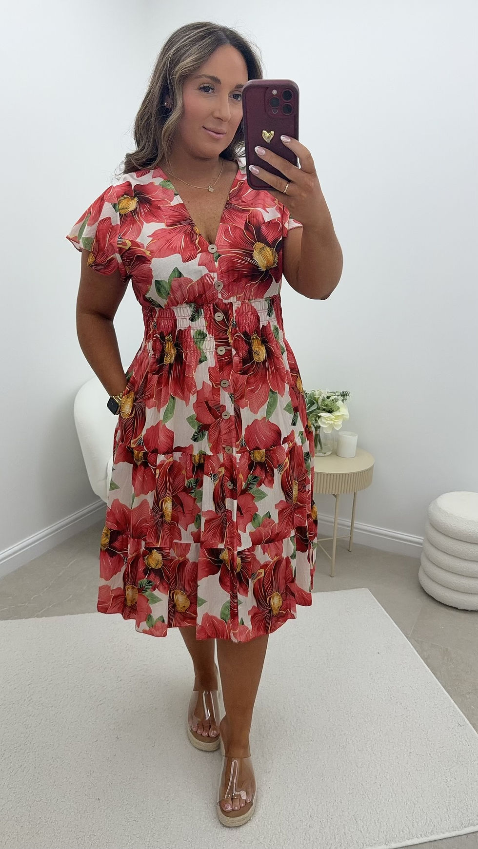 Thumbnail: Sandy Flower Button V Neck Magic Midi Dress Coral