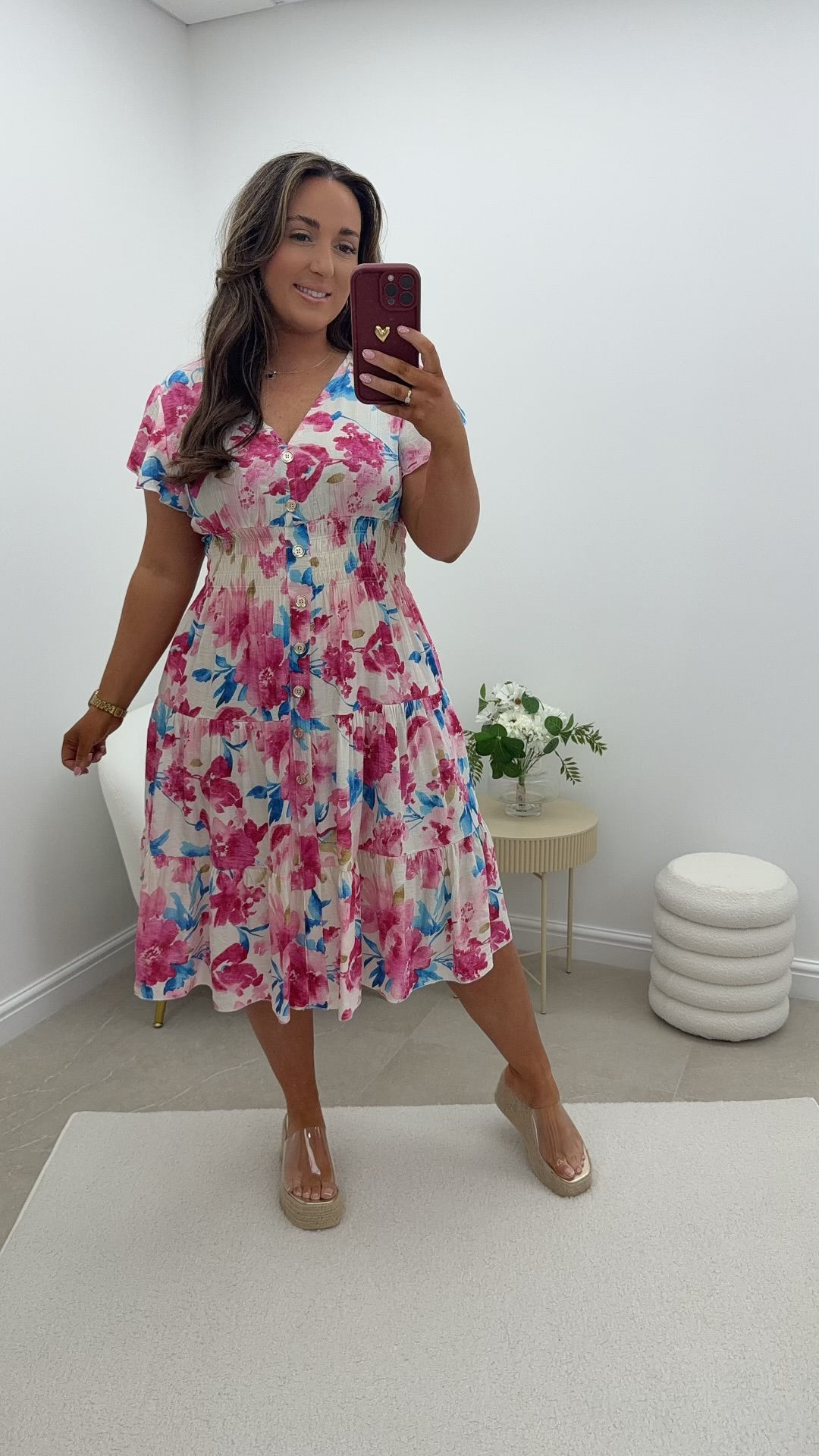 Gabriella Printed Flower Gold Button V Neck Midi Fuchsia