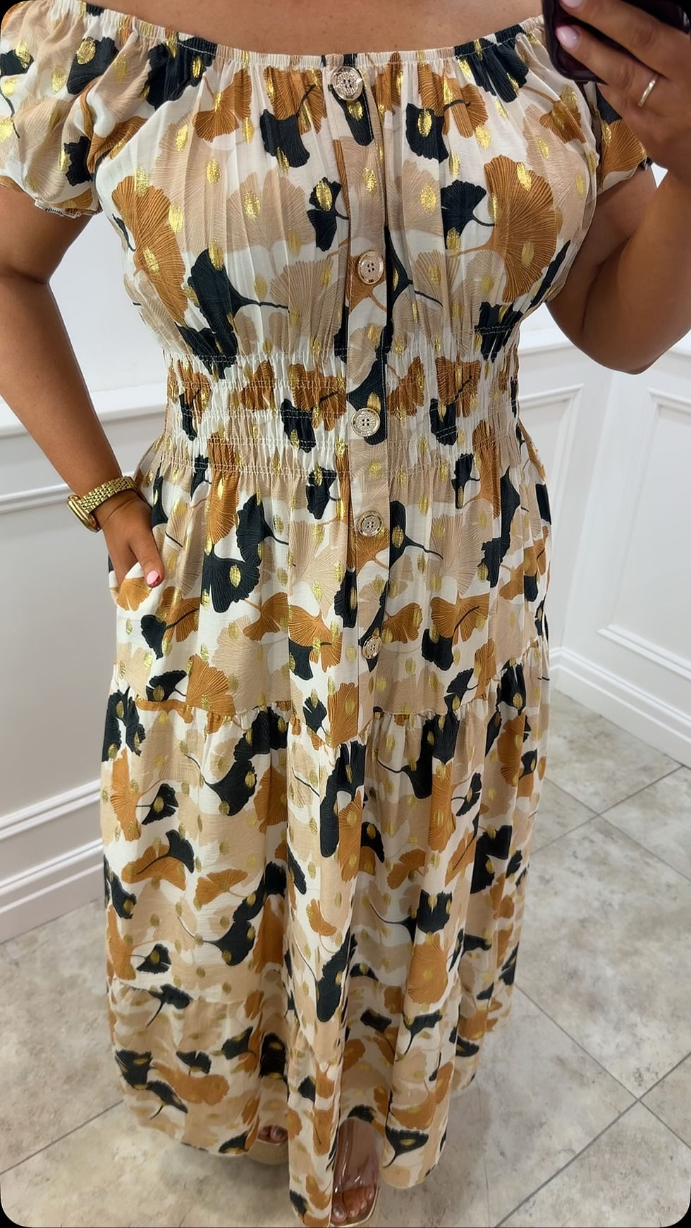 Thumbnail: Ellenor Foil Printed Gold Button Magic Maxi Dress Beige