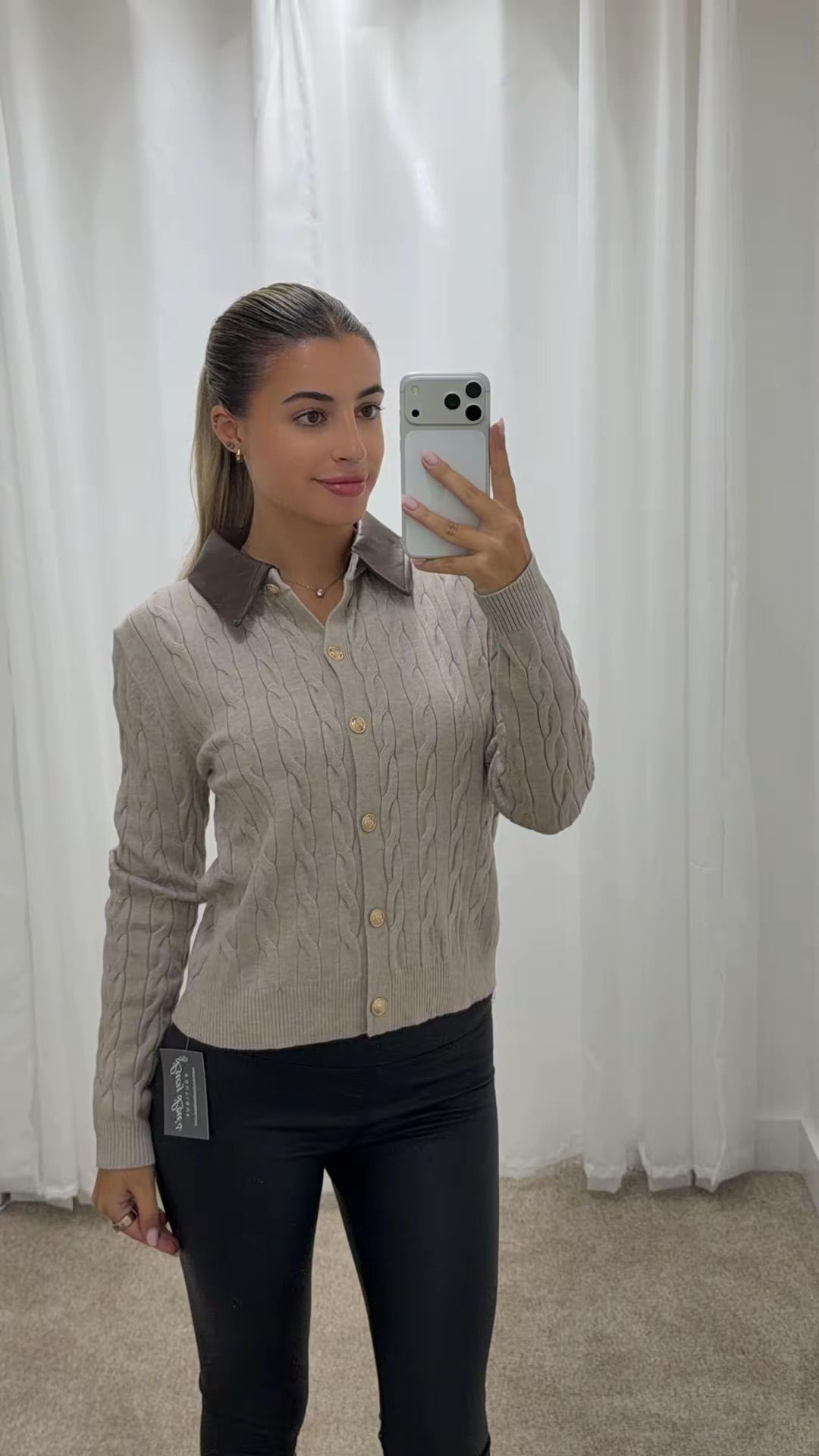 Heather PU Collar Gold Button Cardy Jumper Beige