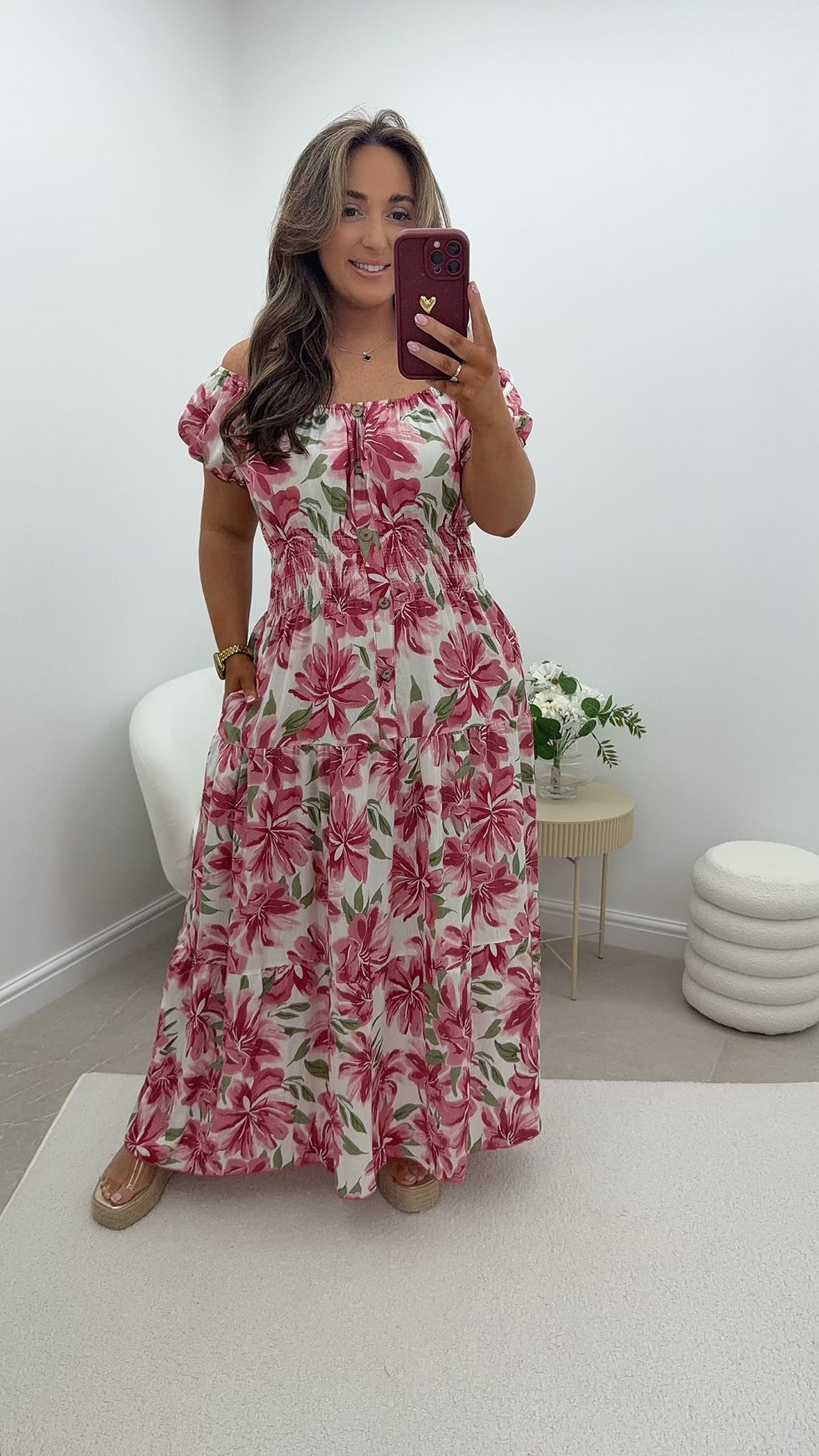 Thumbnail: River Floral Detail Bardot Magic Maxi Dress Pink