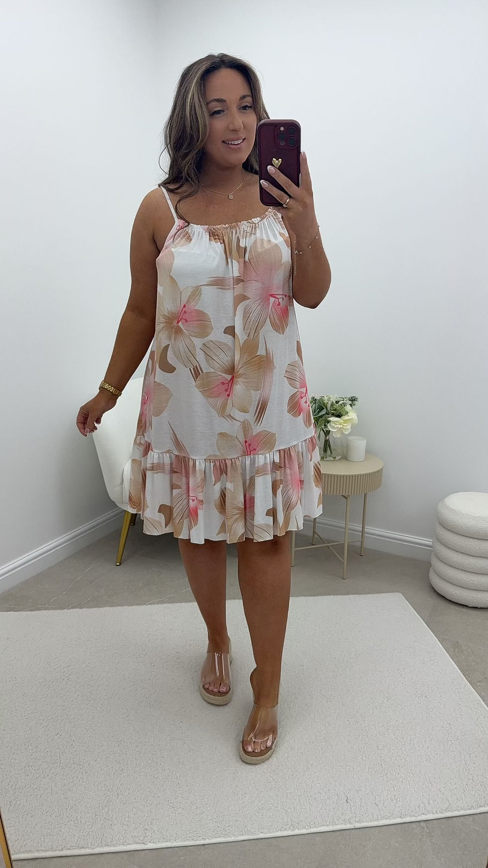 Thumbnail: Kylie Palm Print Soft Strappy Print Dress Pink