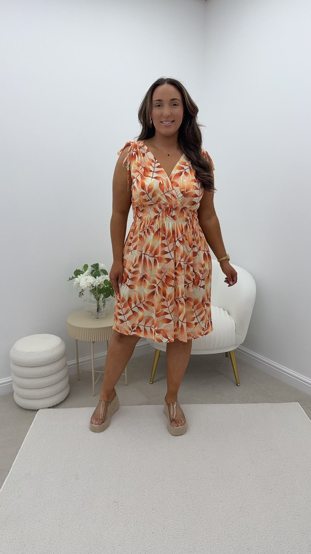 Poppy Leaf Foil Slinky Short Magic Dress Orange
