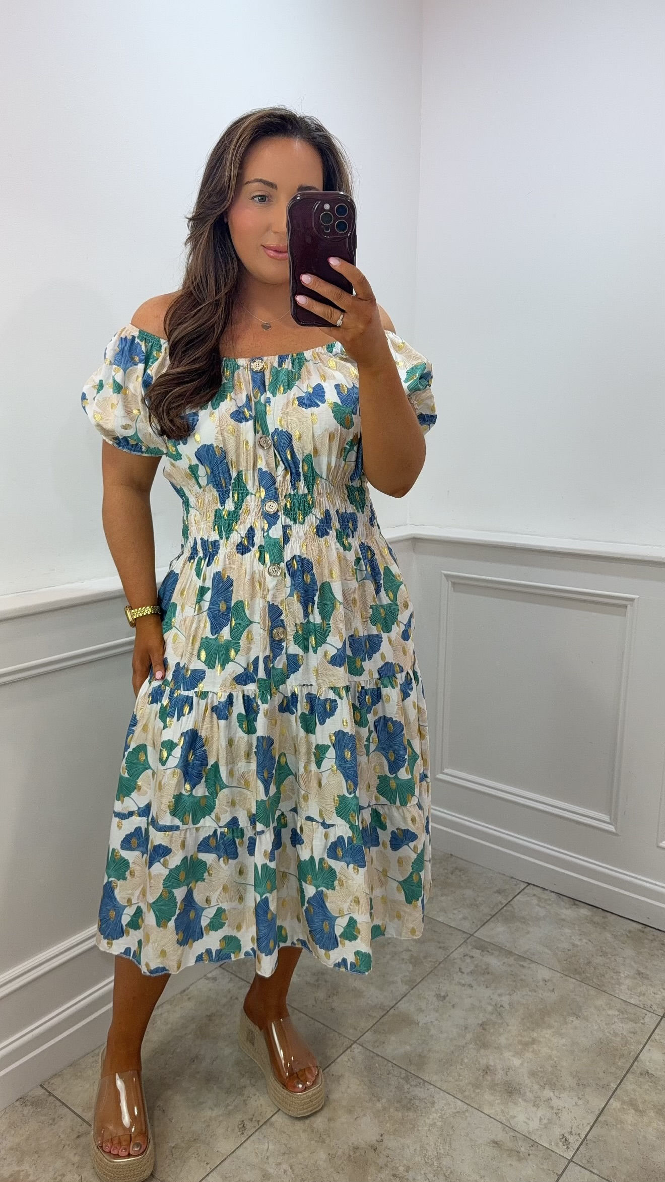 Alma Printed Foil Gold Button Magic Midi Dress Minty/Blue