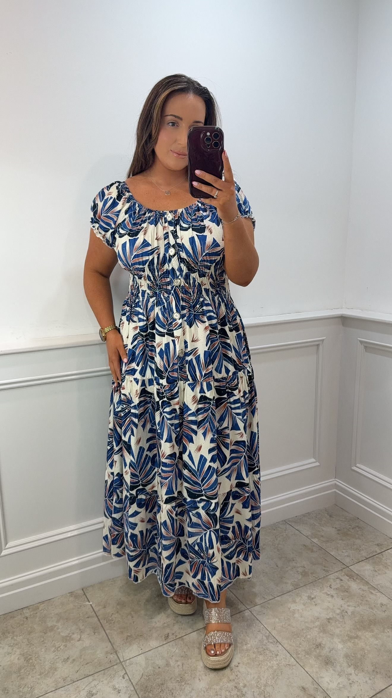 Ellenor Gemstone Printed Gold Button Magic Maxi Dress Palm Navy