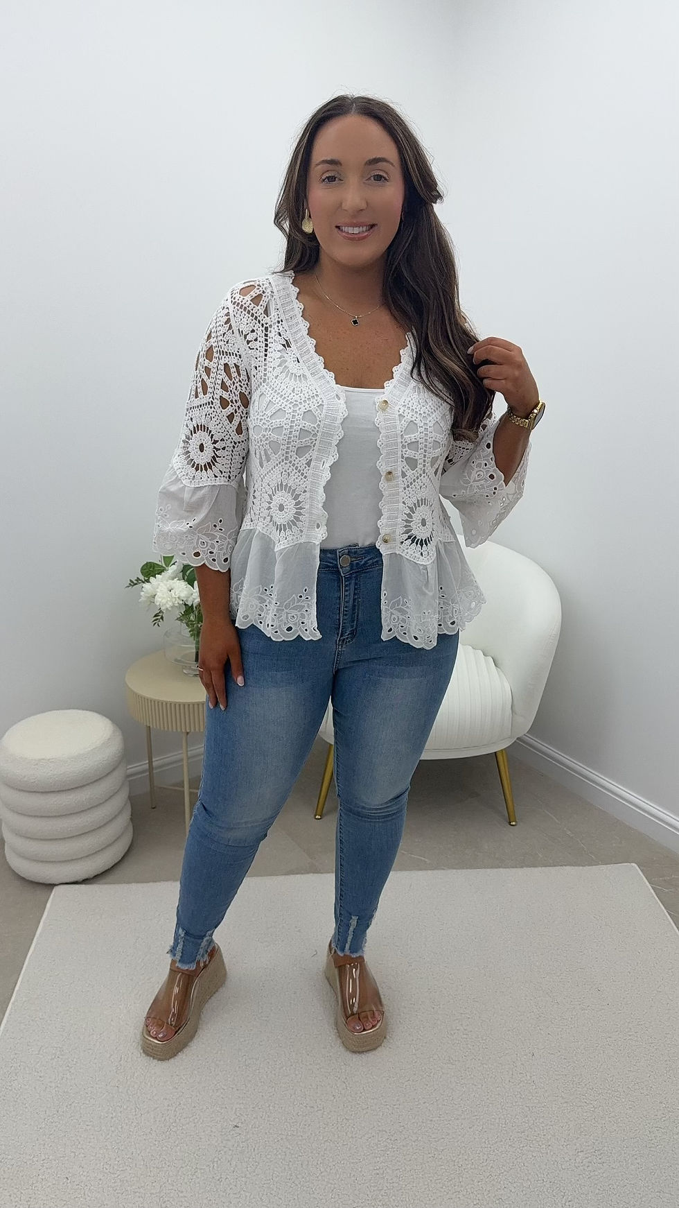 Thumbnail: Bridget Crochet Button Cardy Jacket White