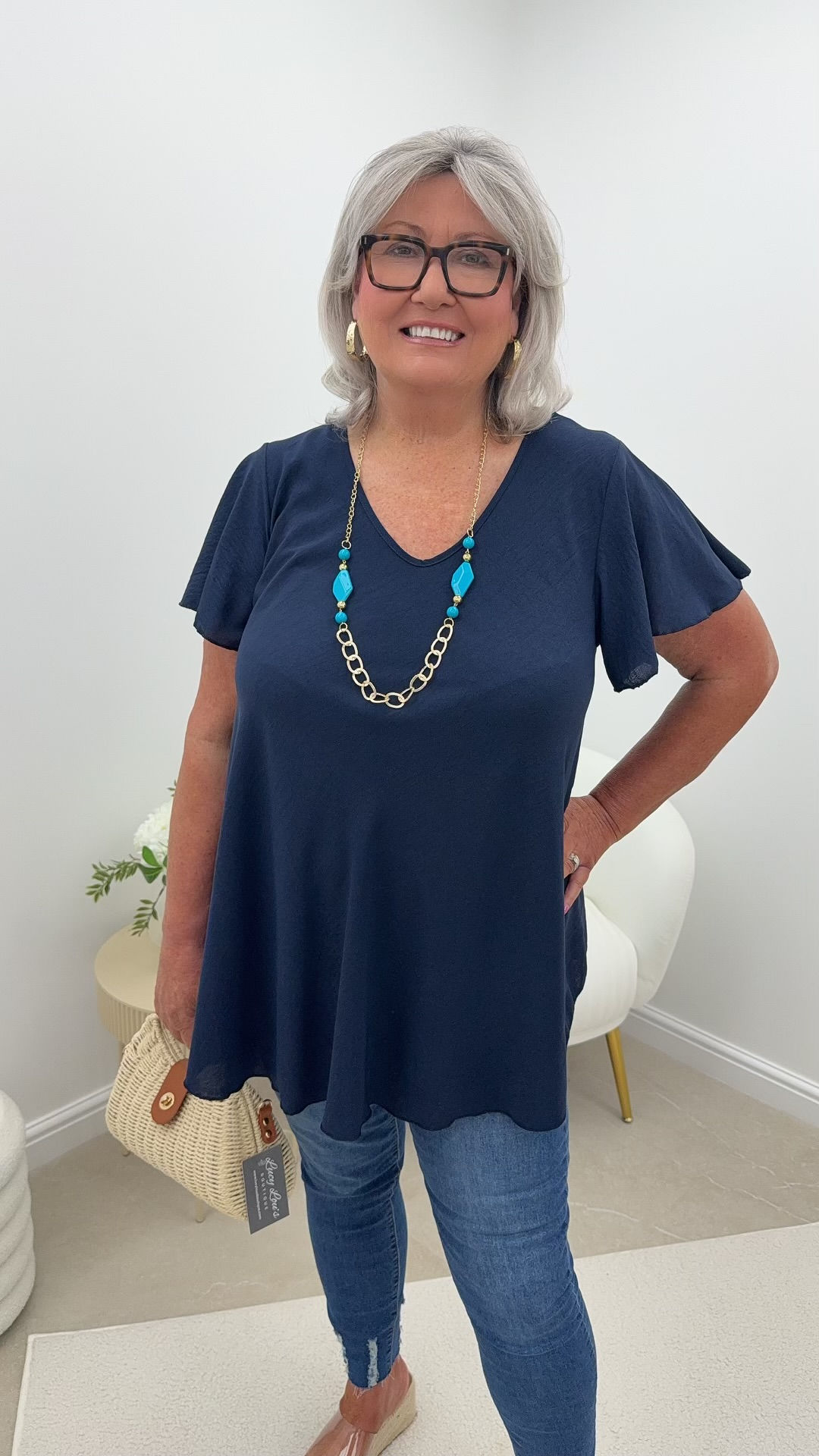 Olive Necklace Swing Chiffon Top Navy