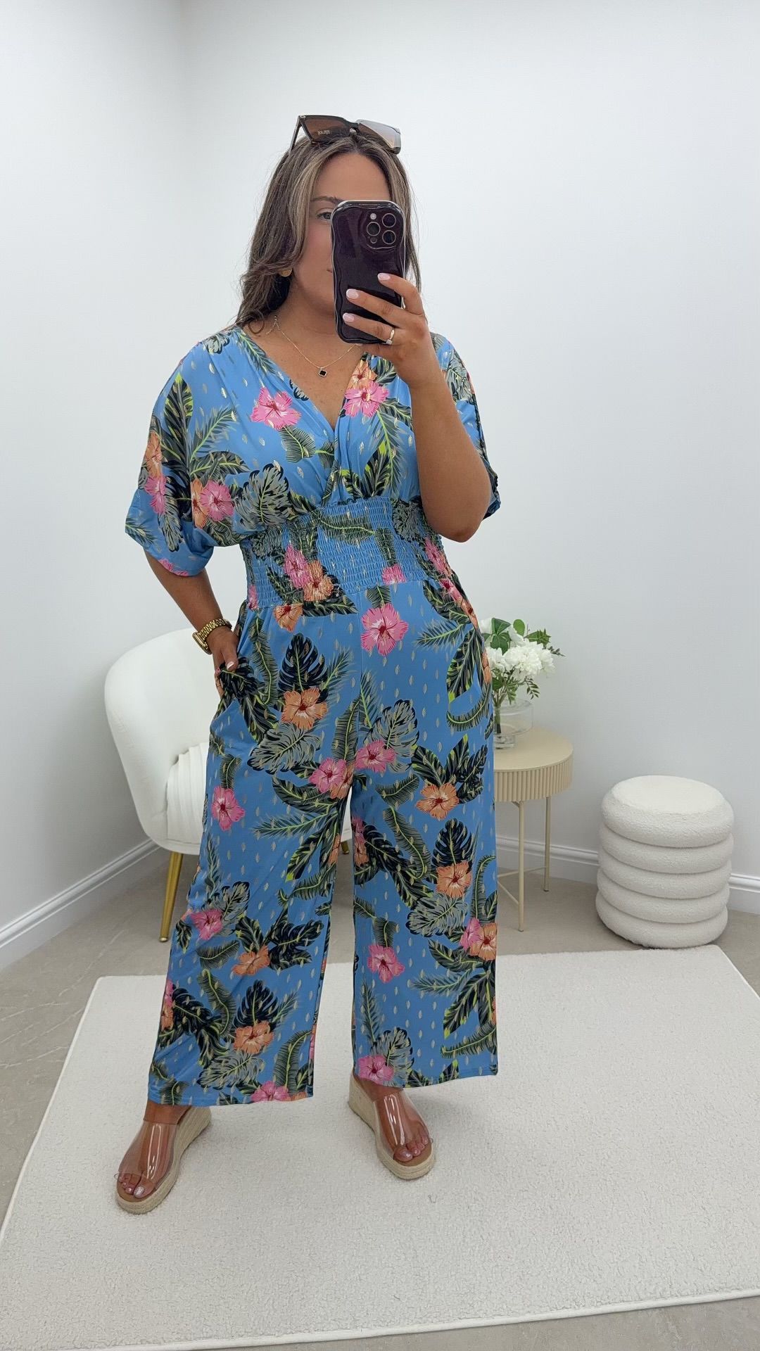 Genesis Floral Palm Slinky Shimmer Magic Jumpsuit Blue