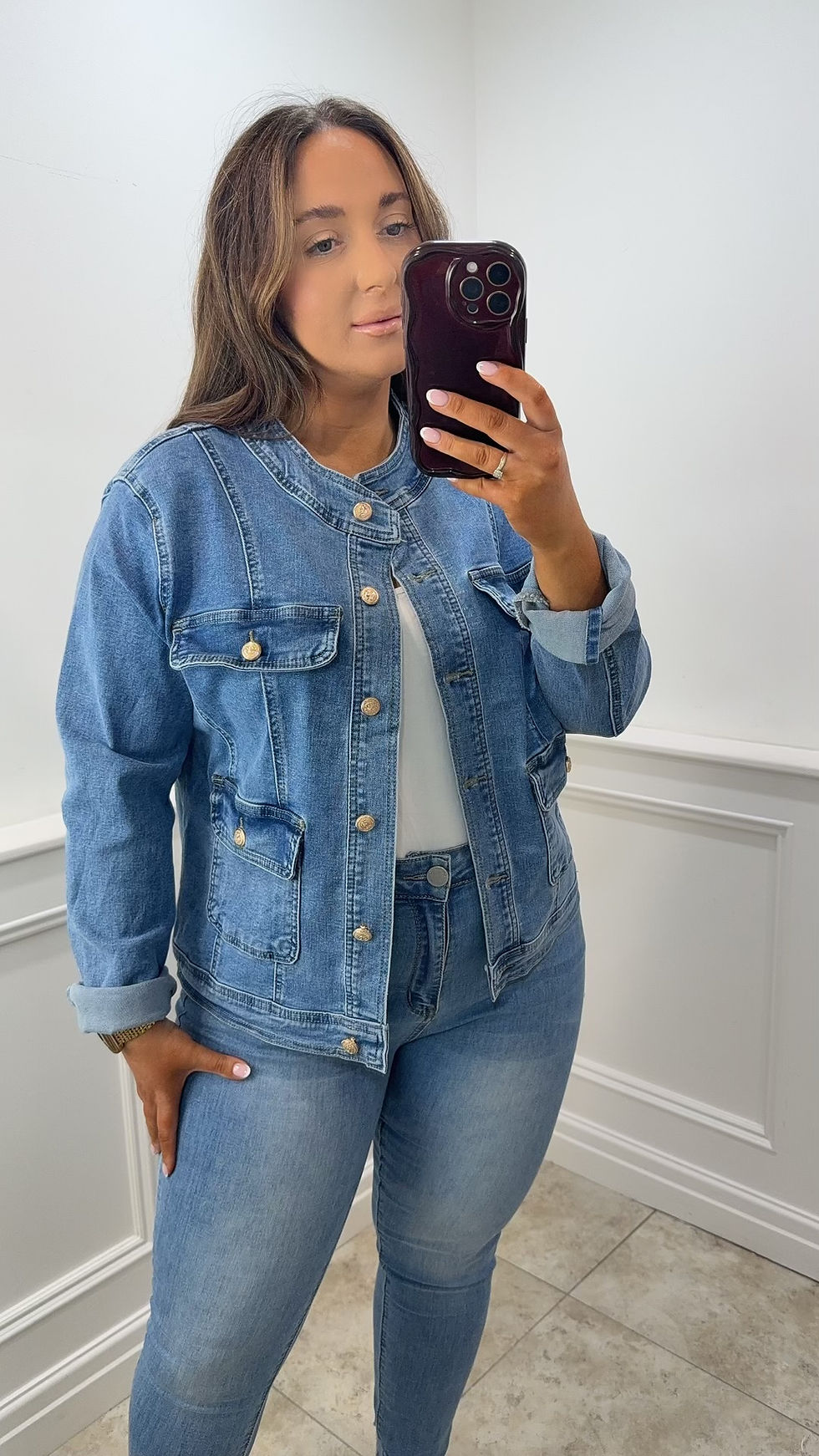 Thumbnail: Copy of Katrina Gold Button Stretchy Denim Jacket Denim Blue