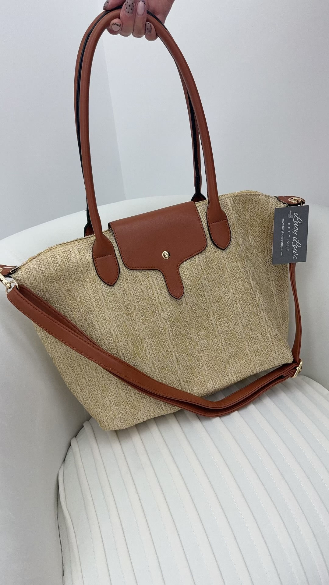 Cole Hessian Long Strap Detail Handbag Tan