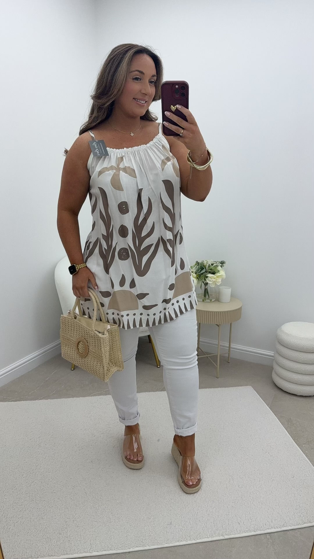 Emily Printed Strappy Cami Top White