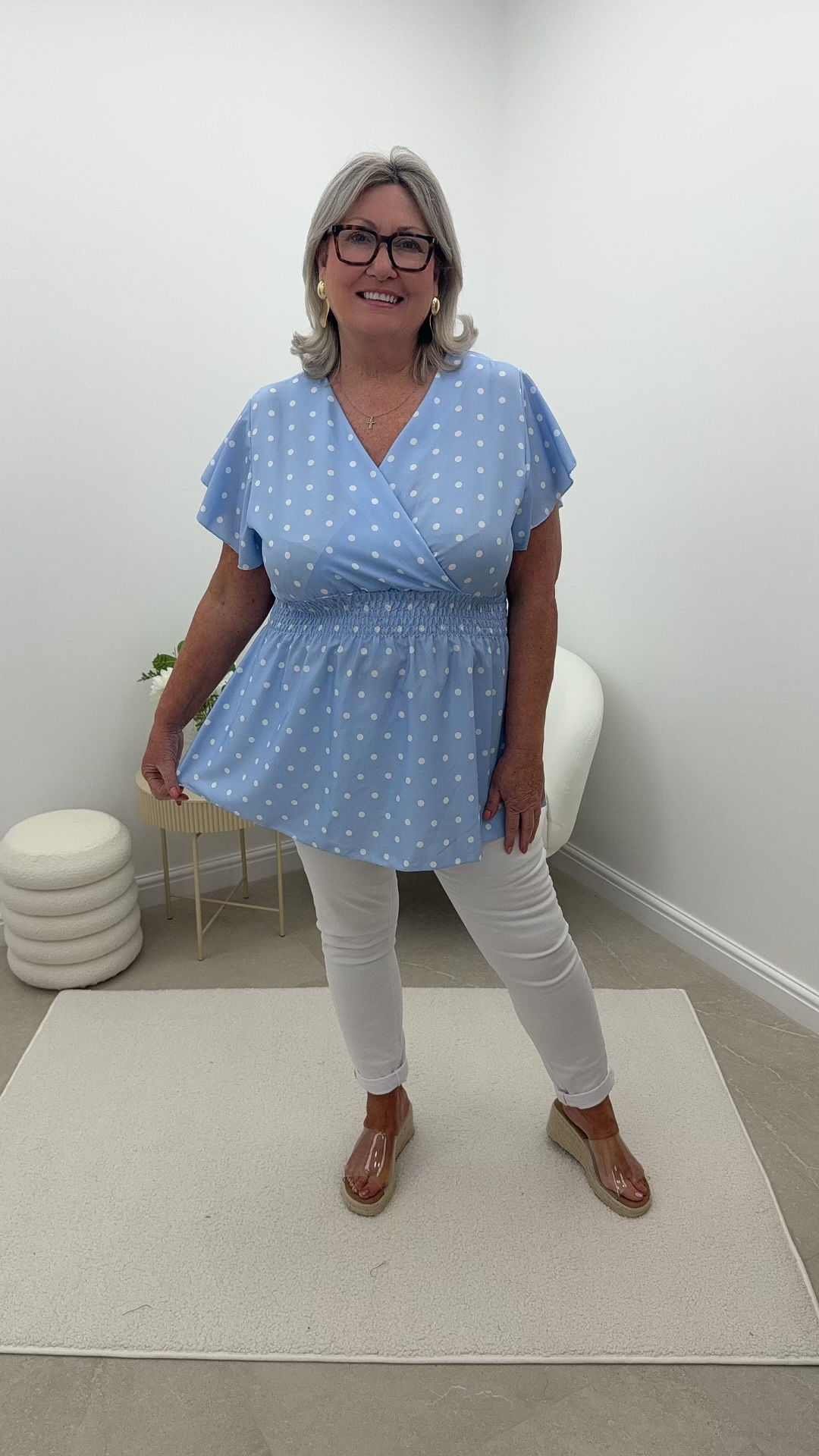 Kate V Neck Magic Frill Top Polka Blue