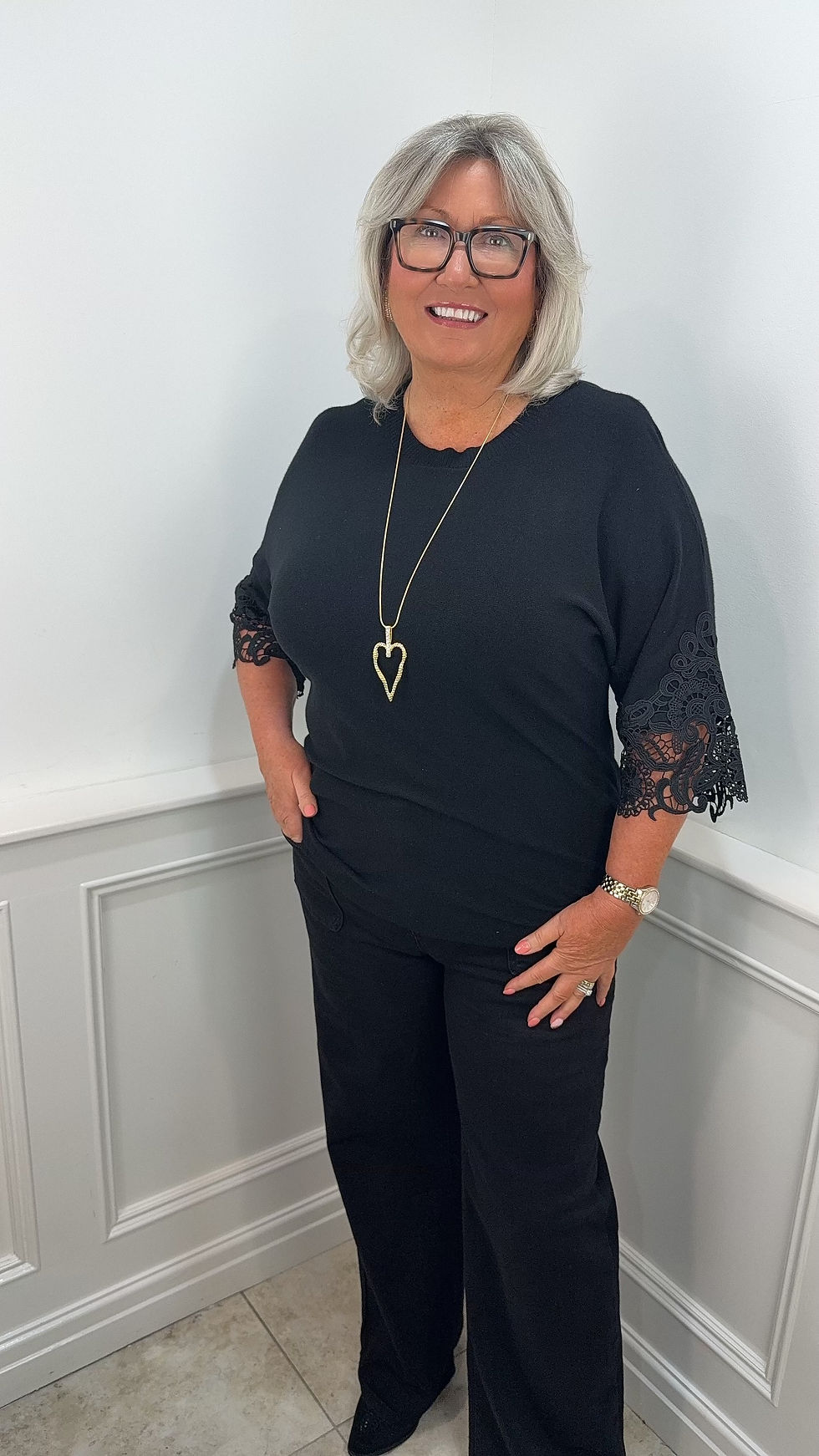 Amelia Soft Stretchy Arm Lace Detail Jumper Black