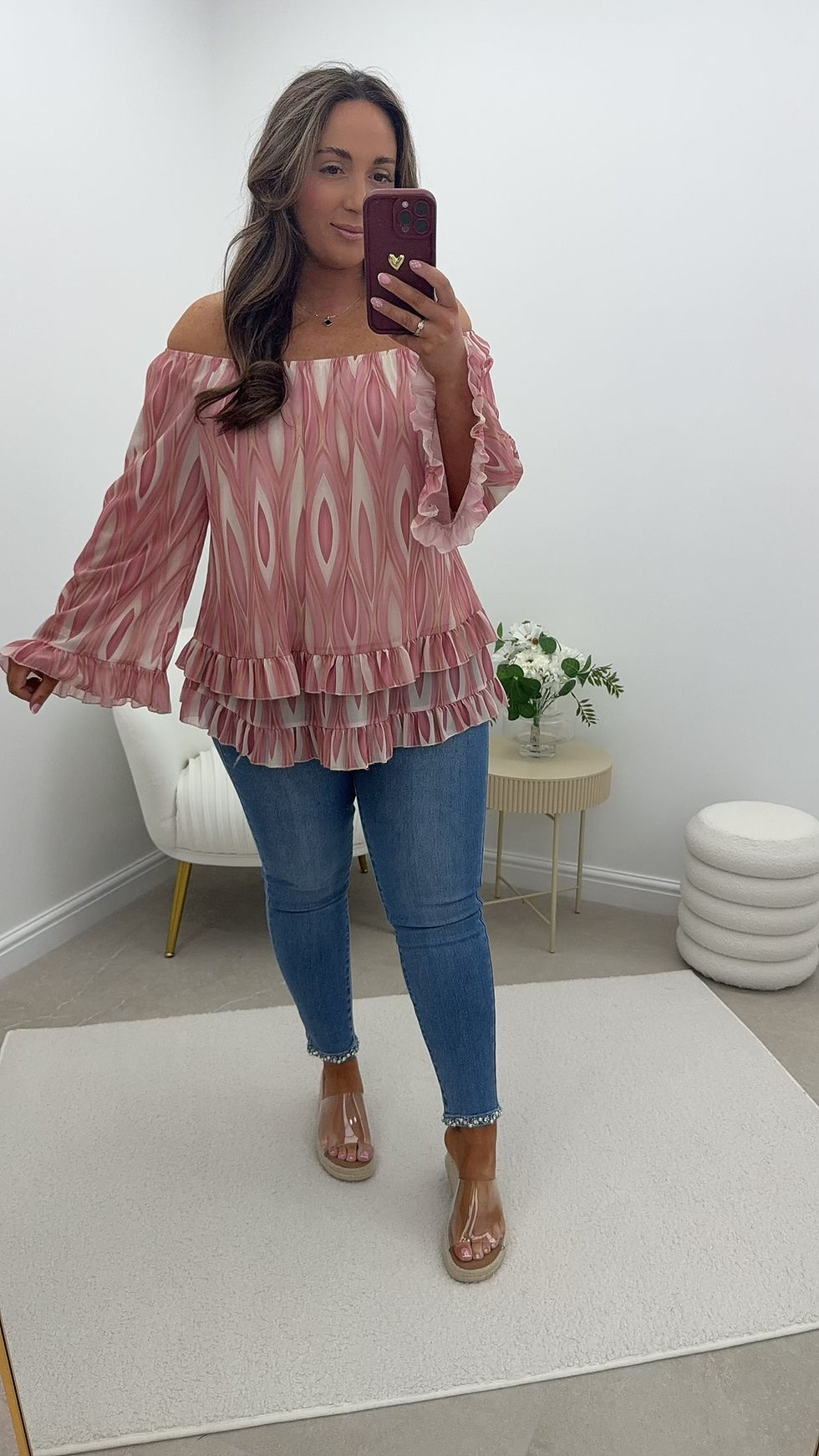 Thumbnail: Cassidy Frill Bardot Style Chiffon Top Diamond Pink