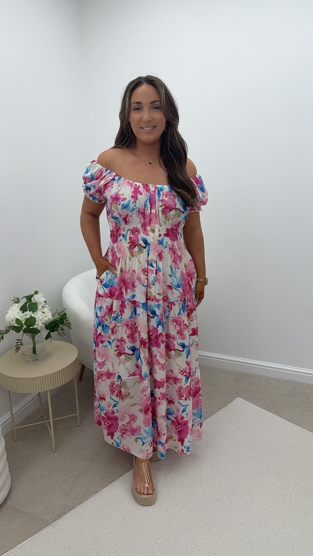 Ellenor Gemstone Printed Gold Button Magic Maxi Dress Floral Pink