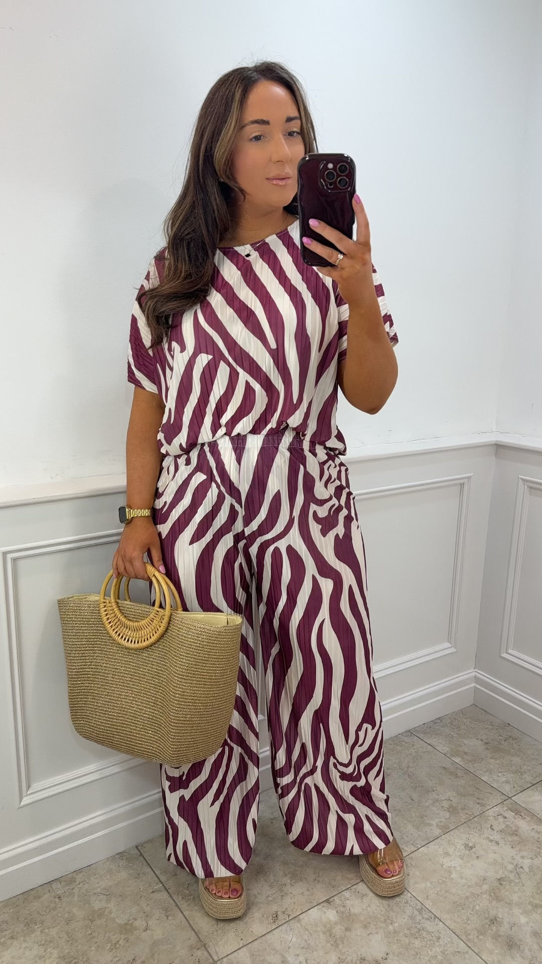 Lacey Pleated Zebra Two Piece Set Wine