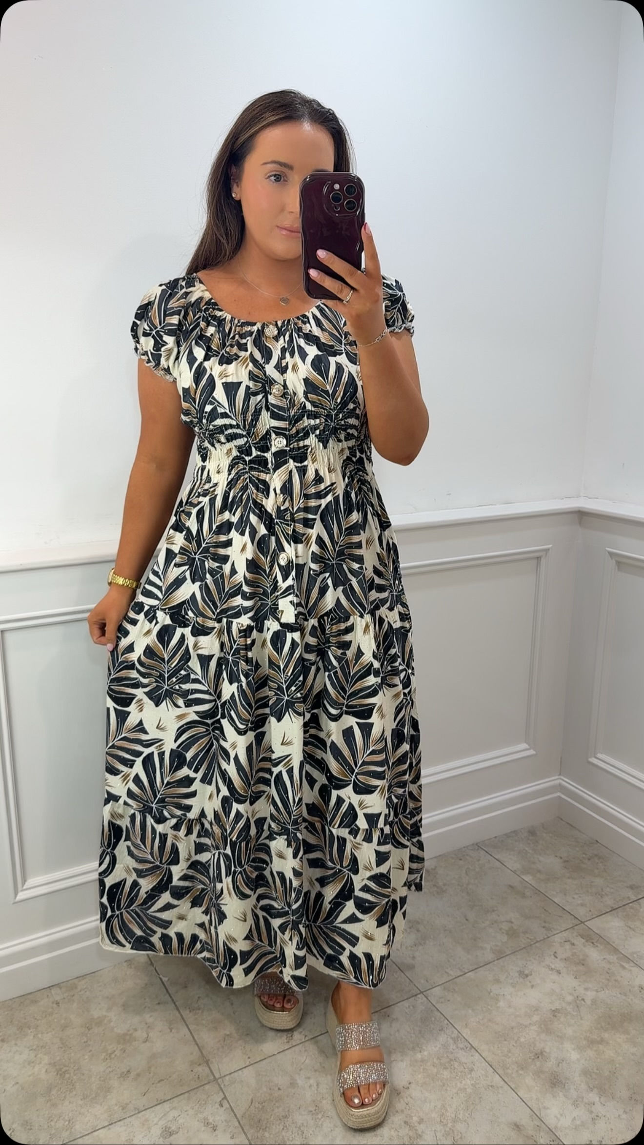 Ellenor Gemstone Printed Gold Button Magic Maxi Dress Palm Black