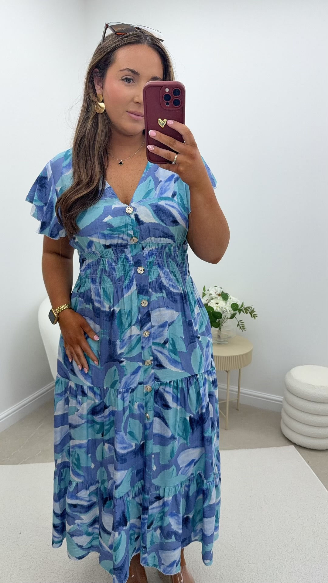Narla Printed Gold Button V-Neck Magic Maxi Dress Blue Splash