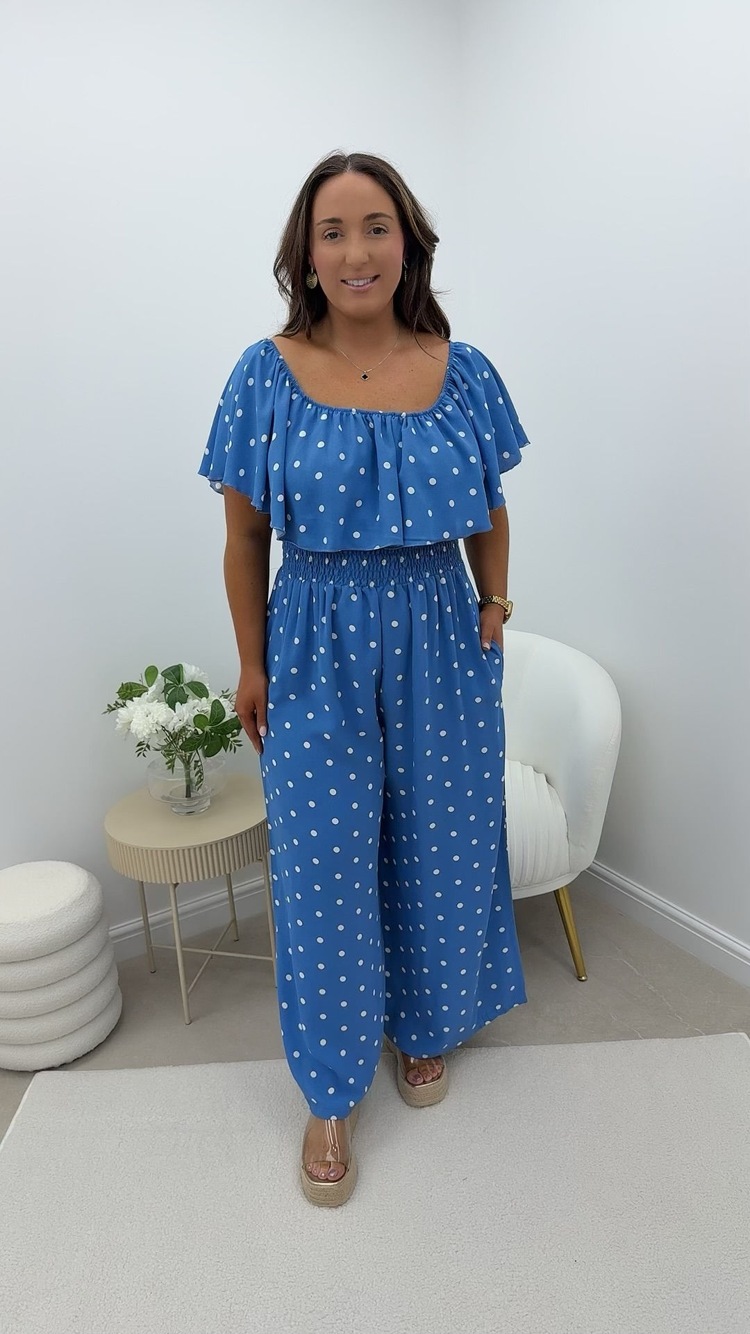 Zoey Polka Bardot Frill Wide Leg Jumpsuit Denim