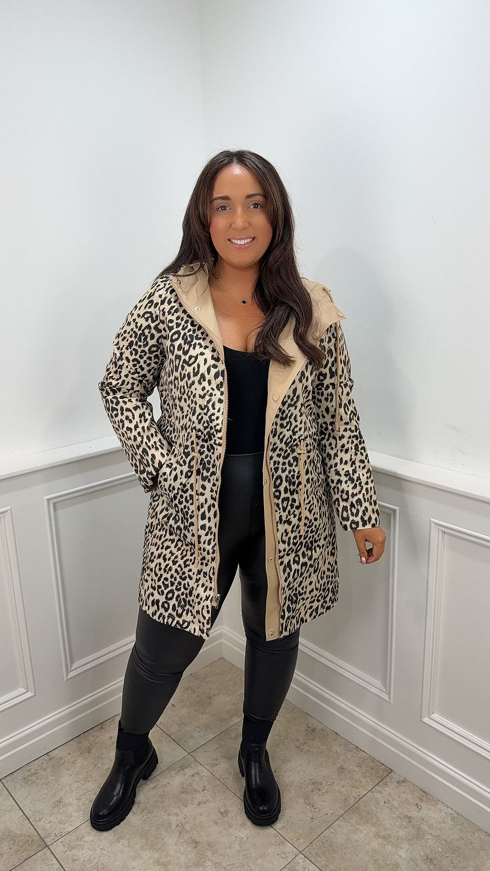 Nicole Two Way Hooded Leopard Rain Coat Beige