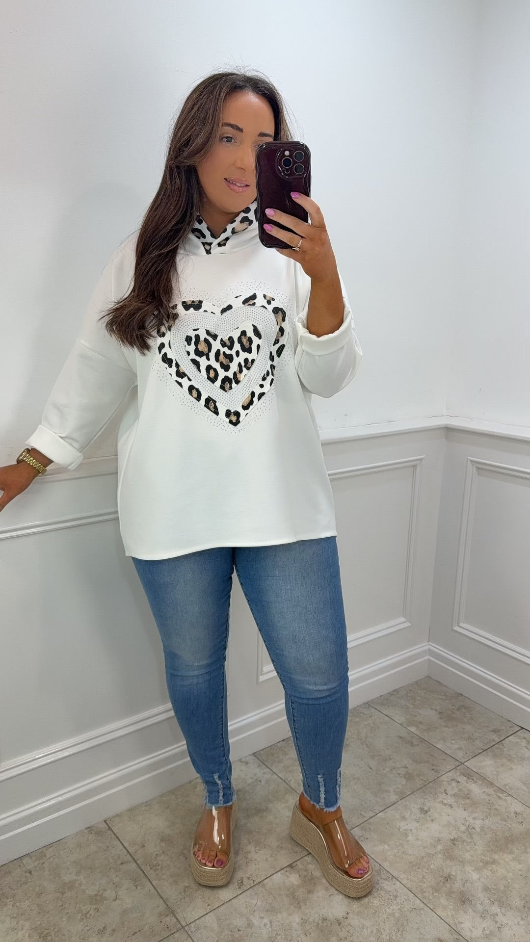 Mavis Heart Sparkle Leopard Hoodie White
