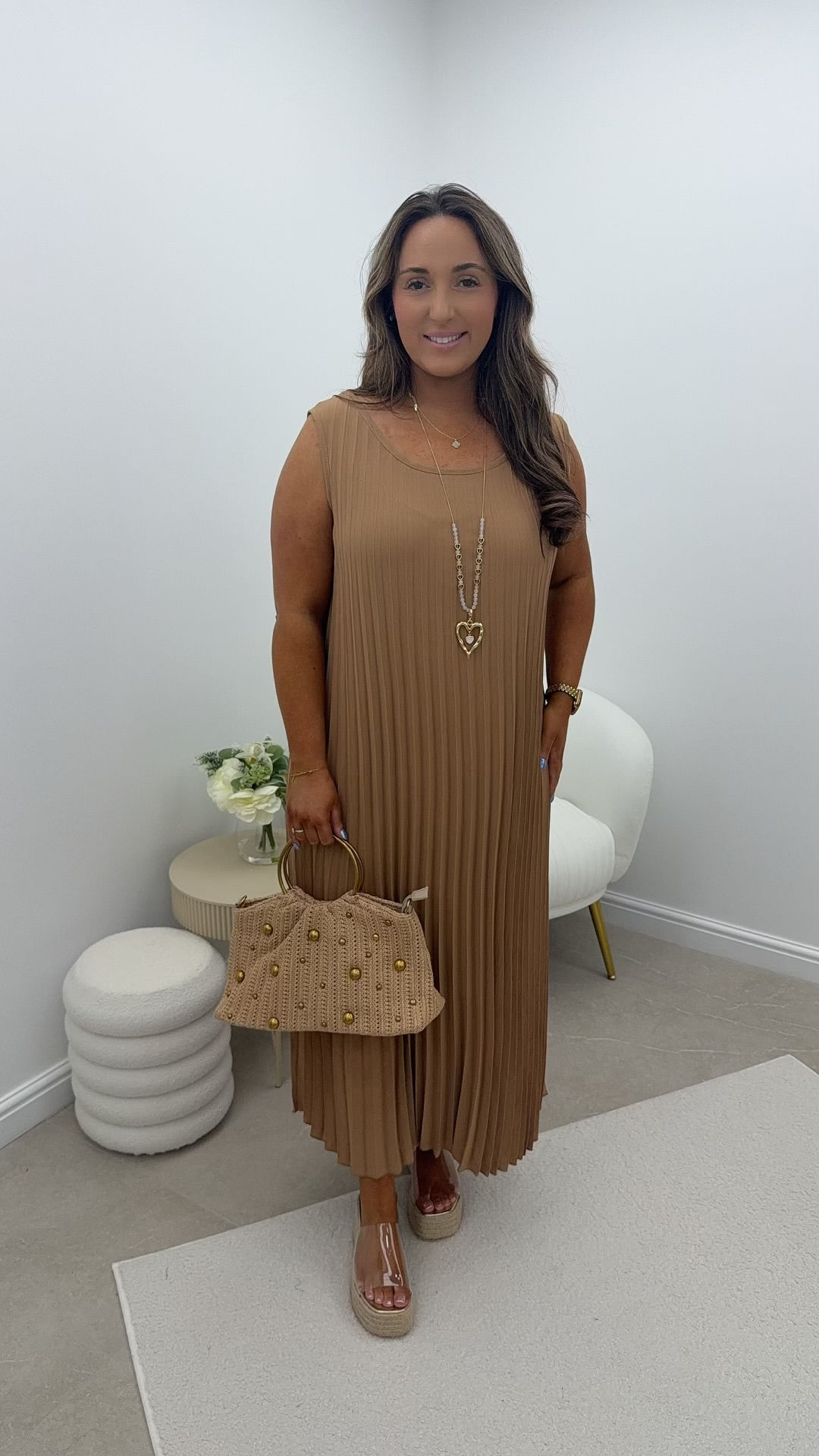 Scarlet Pleated Round Neck Maxi Dress Camel