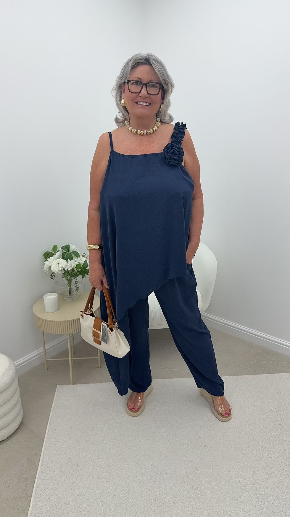 Thumbnail: Matilda Two Piece Flower Detail Strappy Set Navy