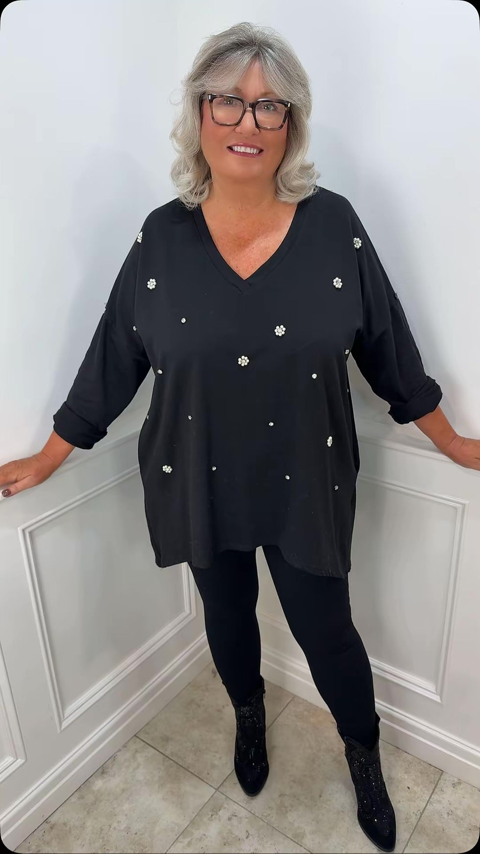 Helen Embellished Flower Pearl V Neck Top Black