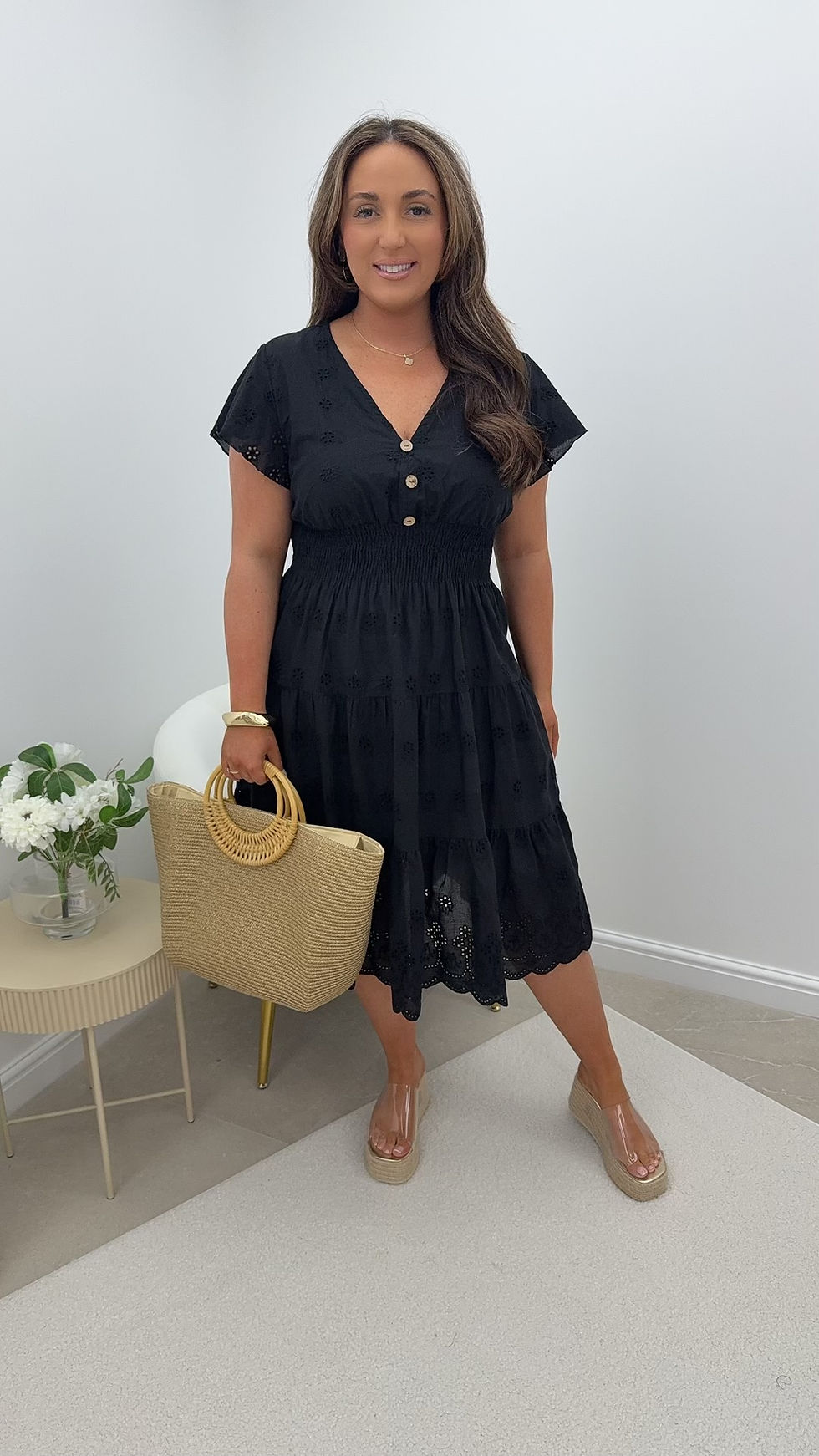 Thumbnail: Honey V Neck Frill Anglaise Magic Midi Dress Black