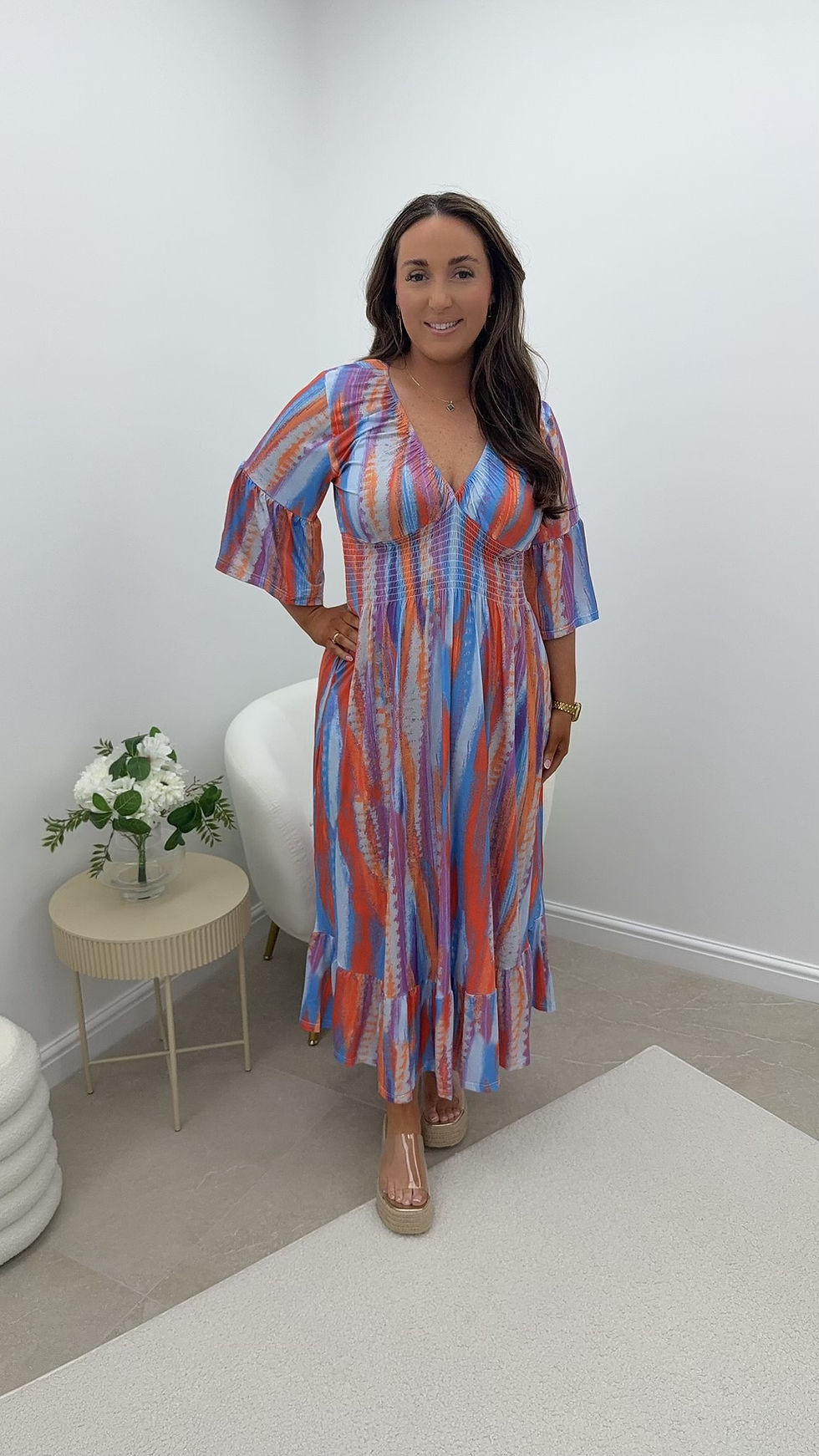 Thumbnail: Stella V Neck Slinky Printed Frill Sleeve Maxi Pastel Bluey Lilac